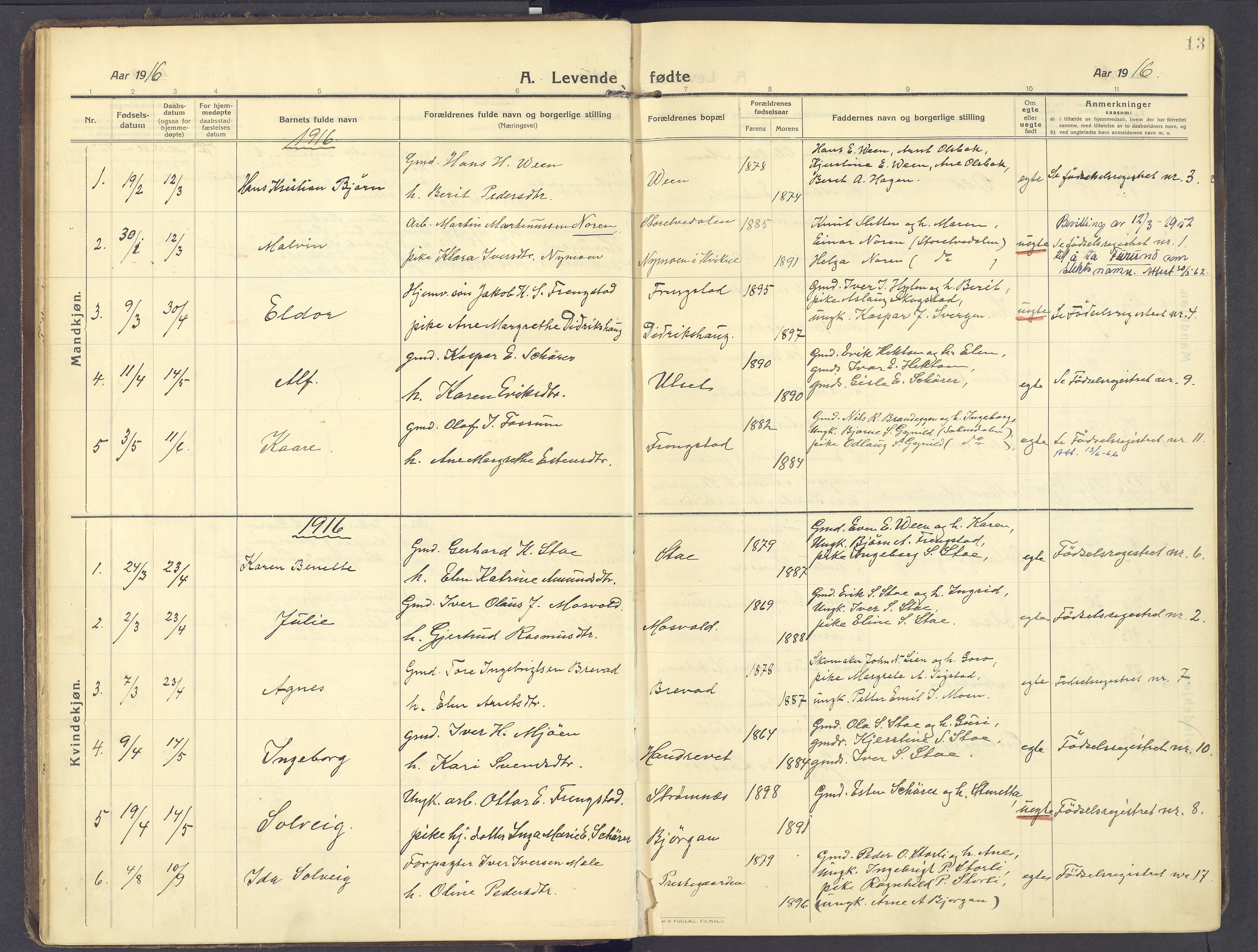 Kvikne prestekontor, SAH/PREST-064/H/Ha/Haa/L0009: Parish register (official) no. 9, 1911-1942, p. 13