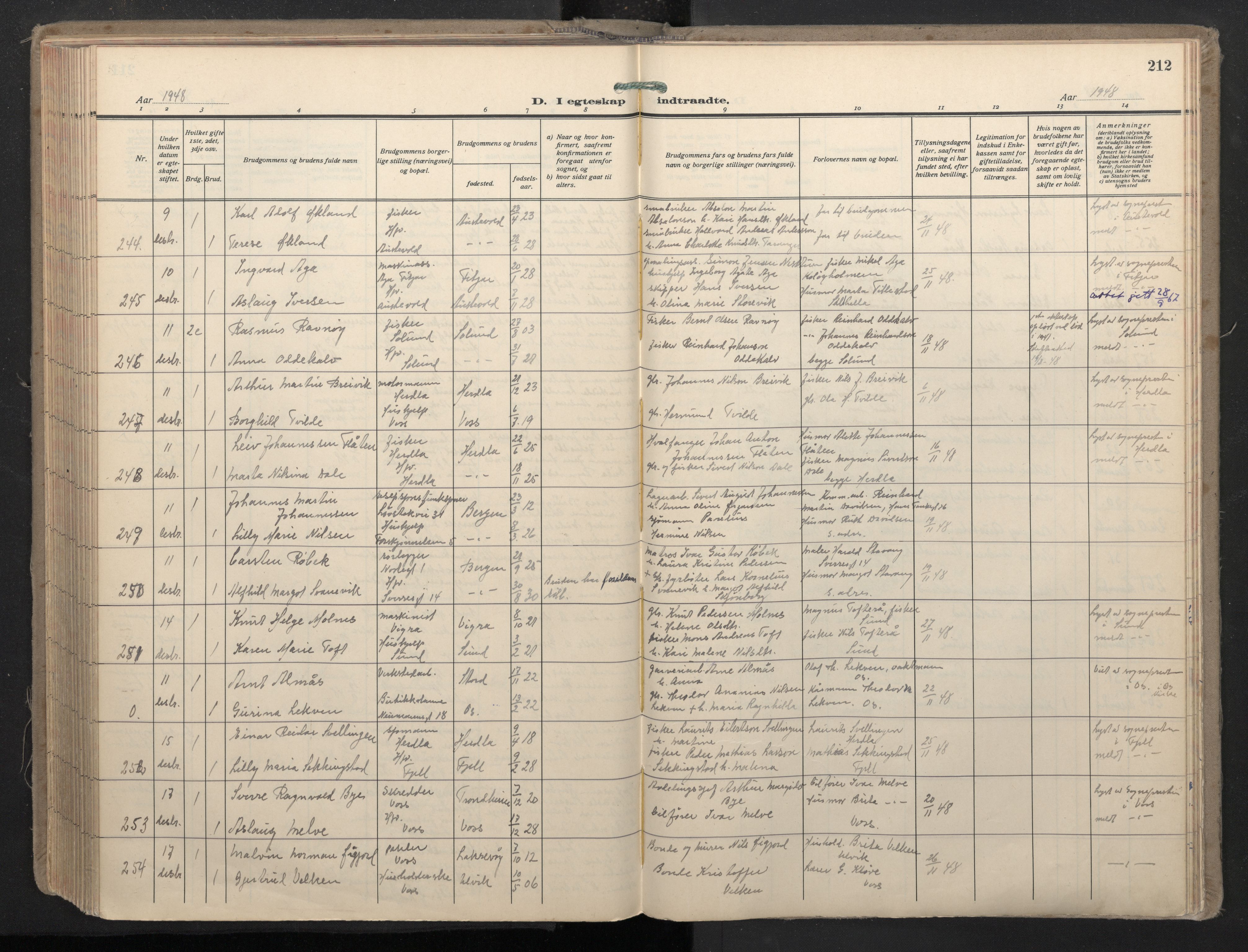 Domkirken sokneprestembete, SAB/A-74801/H/Haa: Parish register (official) no. D 7, 1937-1950, p. 211b-212a