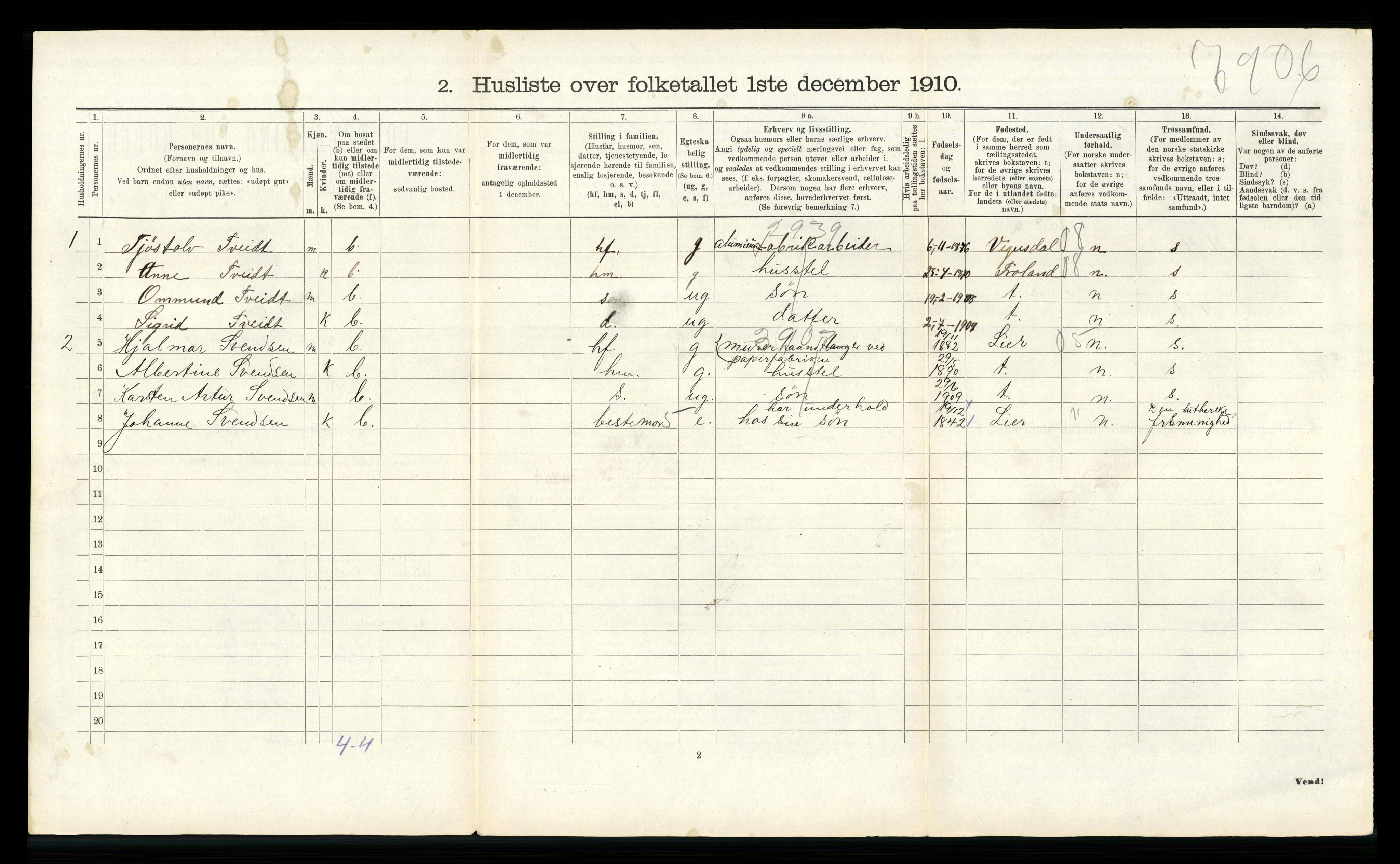 RA, 1910 census for Vennesla, 1910, p. 317