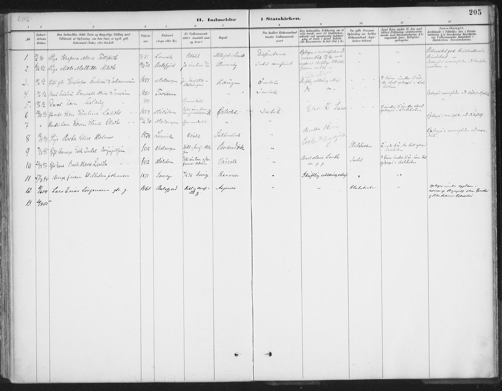 Balsfjord sokneprestembete, SATØ/S-1303/G/Ga/L0007kirke: Parish register (official) no. 7, 1887-1909, p. 205