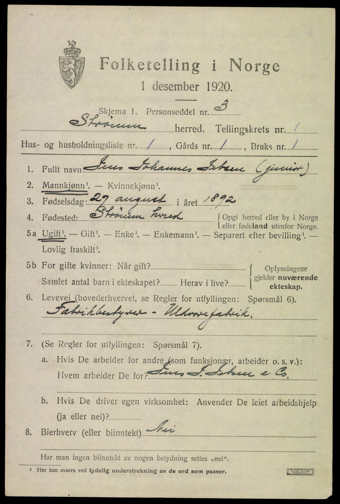 SAKO, 1920 census for Strømm, 1920, p. 573