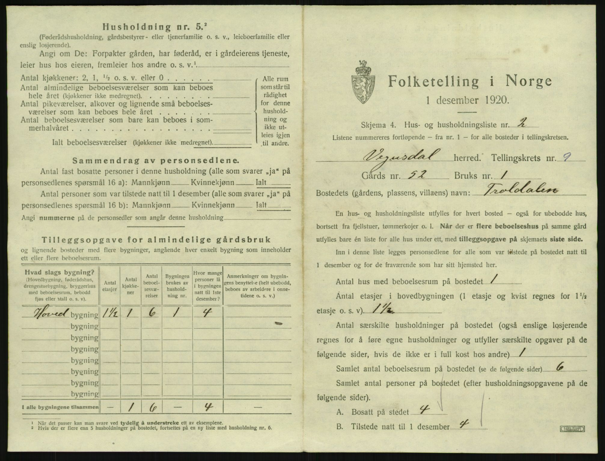 SAK, 1920 census for Vegusdal, 1920, p. 325