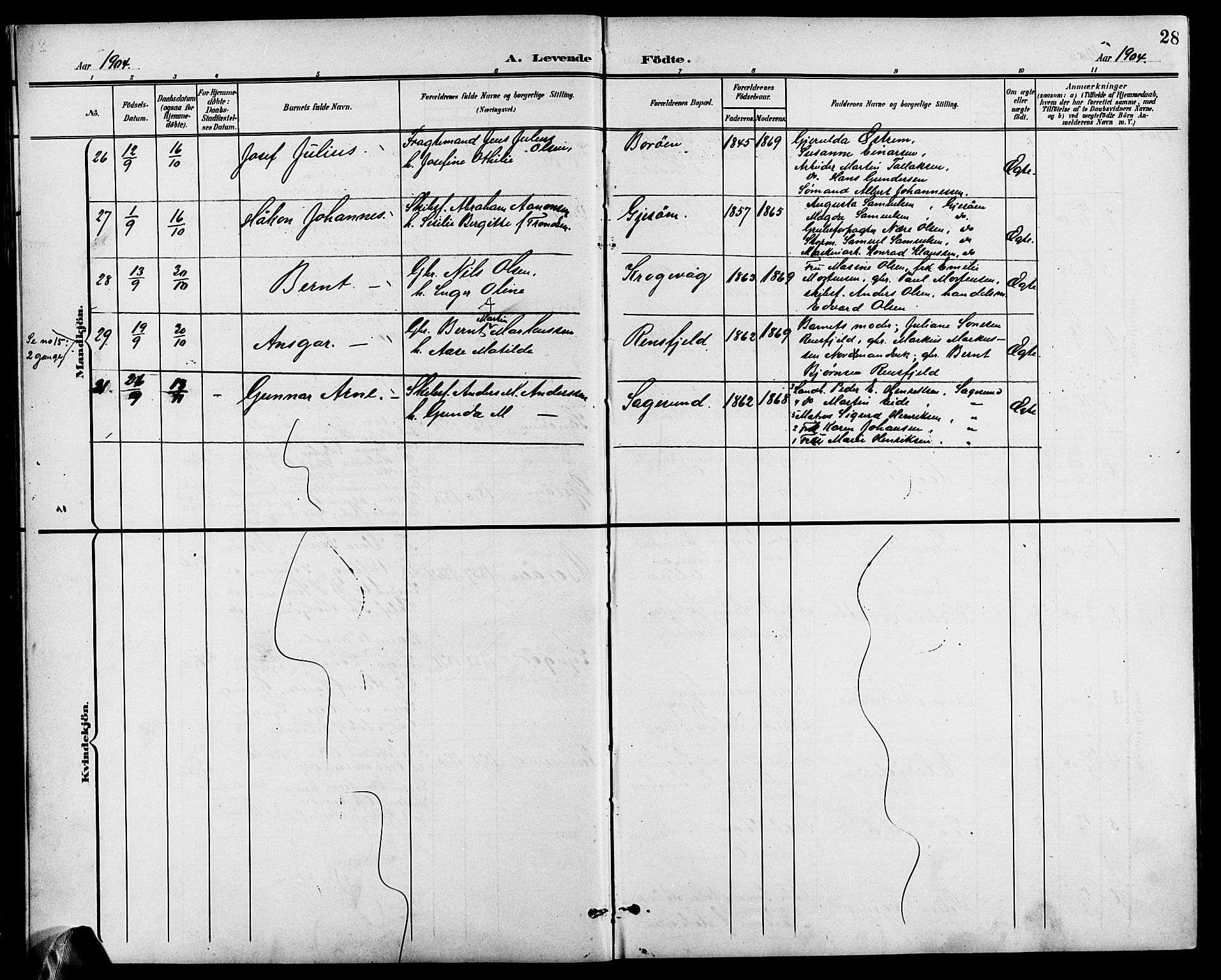 Dypvåg sokneprestkontor, AV/SAK-1111-0007/F/Fb/Fba/L0014: Parish register (copy) no. B 14, 1901-1922, p. 28