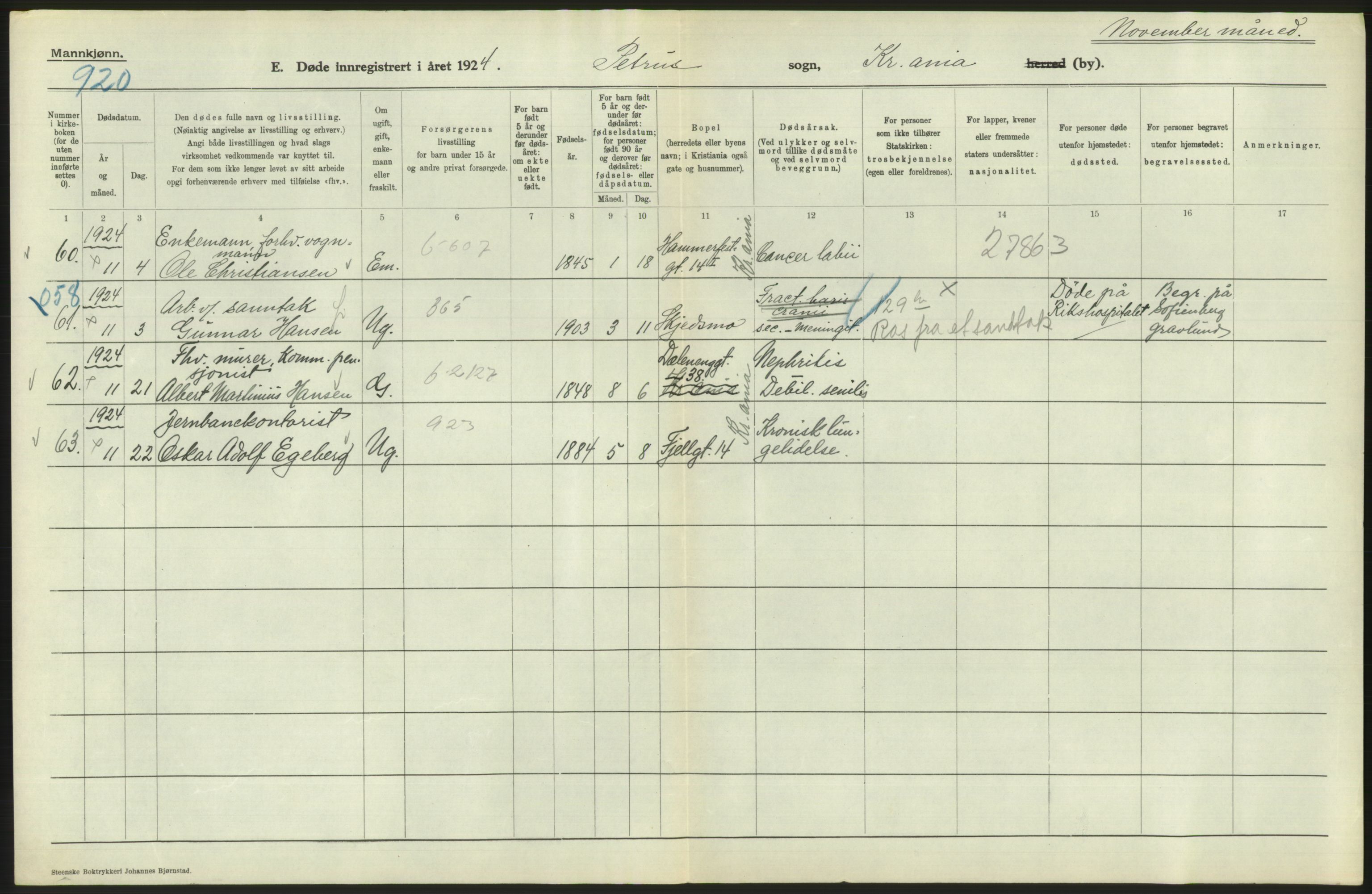 Statistisk sentralbyrå, Sosiodemografiske emner, Befolkning, RA/S-2228/D/Df/Dfc/Dfcd/L0008: Kristiania: Døde menn, 1924, p. 276