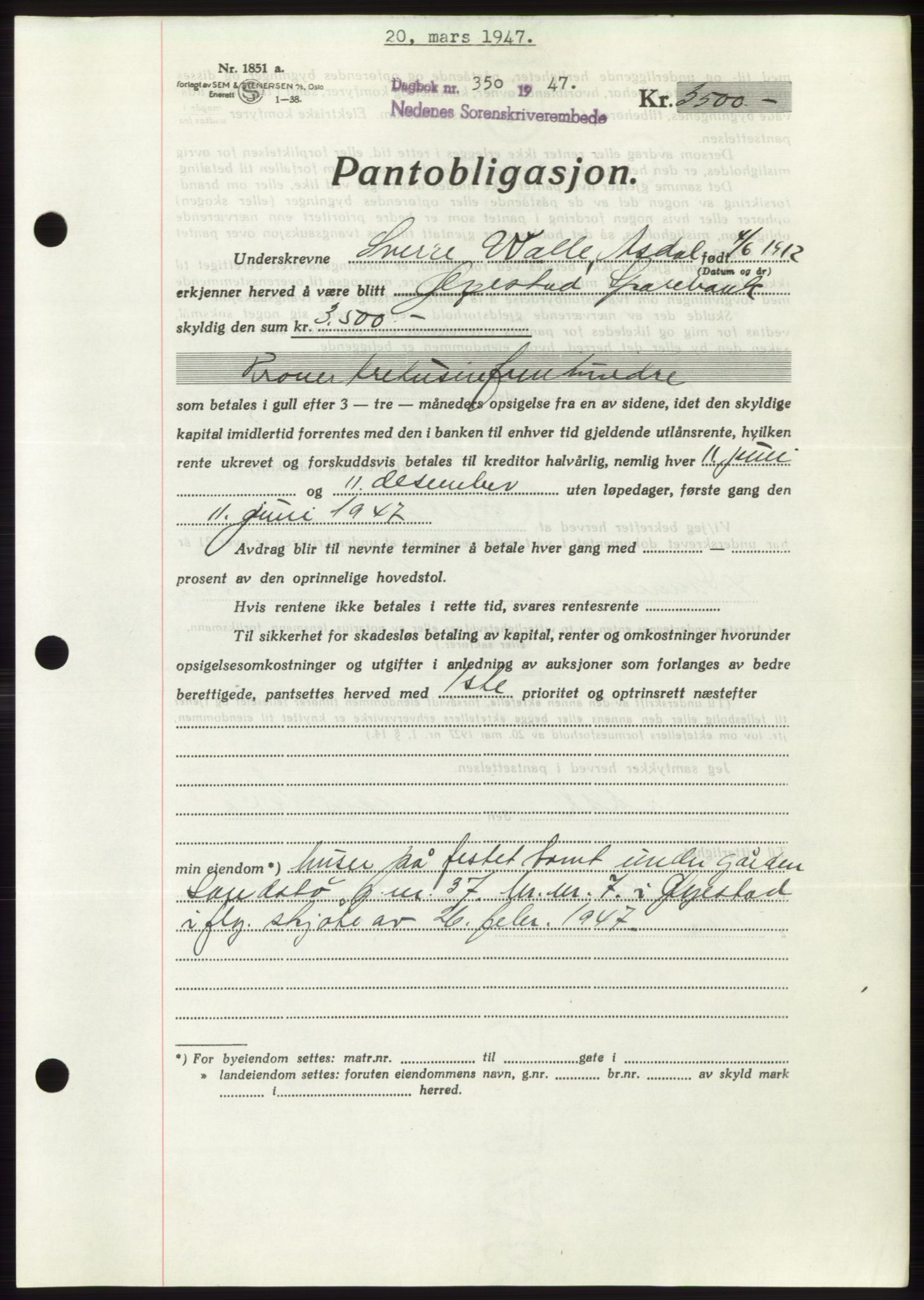 Nedenes sorenskriveri, AV/SAK-1221-0006/G/Gb/Gbb/L0004: Mortgage book no. B4, 1947-1947, Diary no: : 350/1947