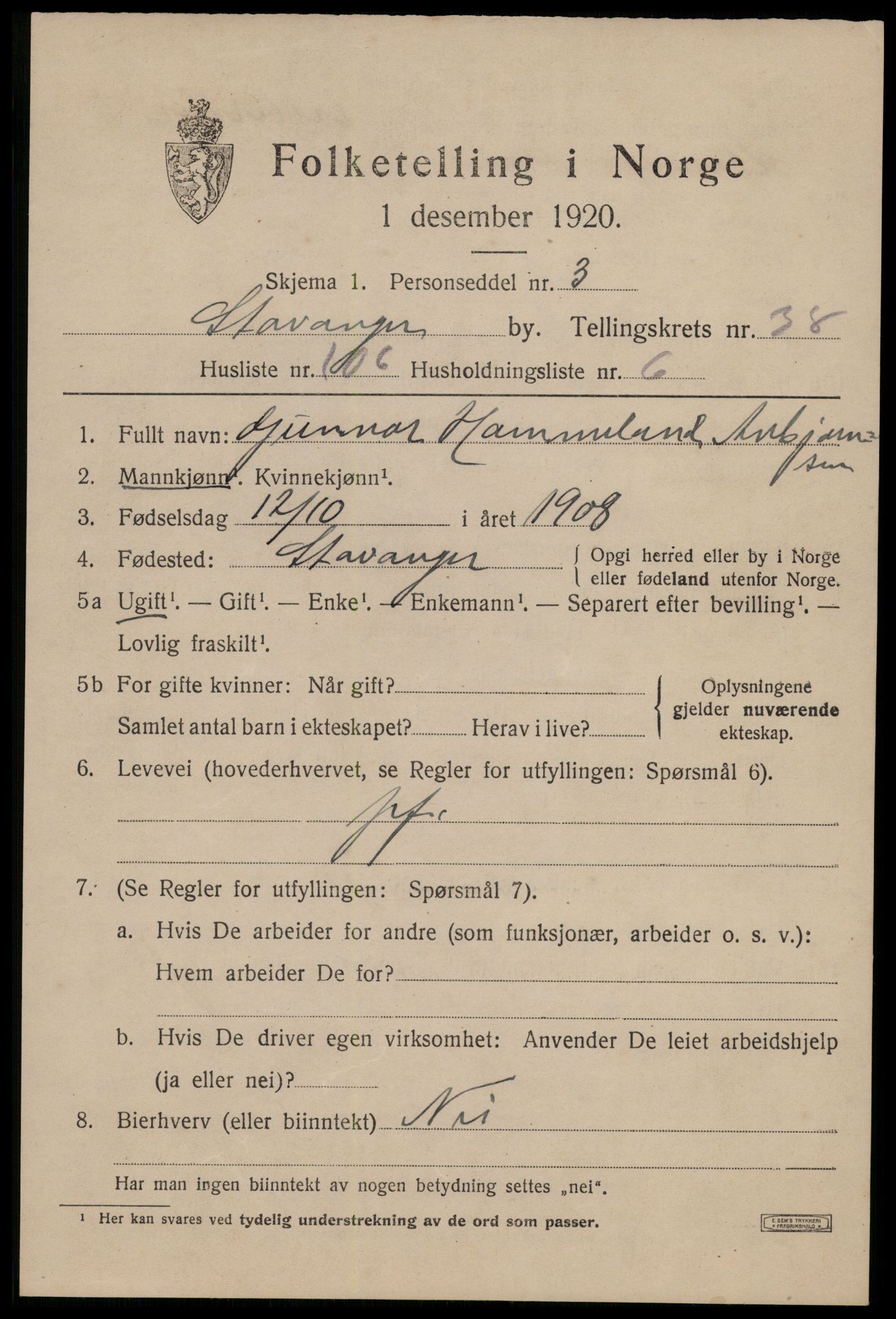 SAST, 1920 census for Stavanger, 1920, p. 101036