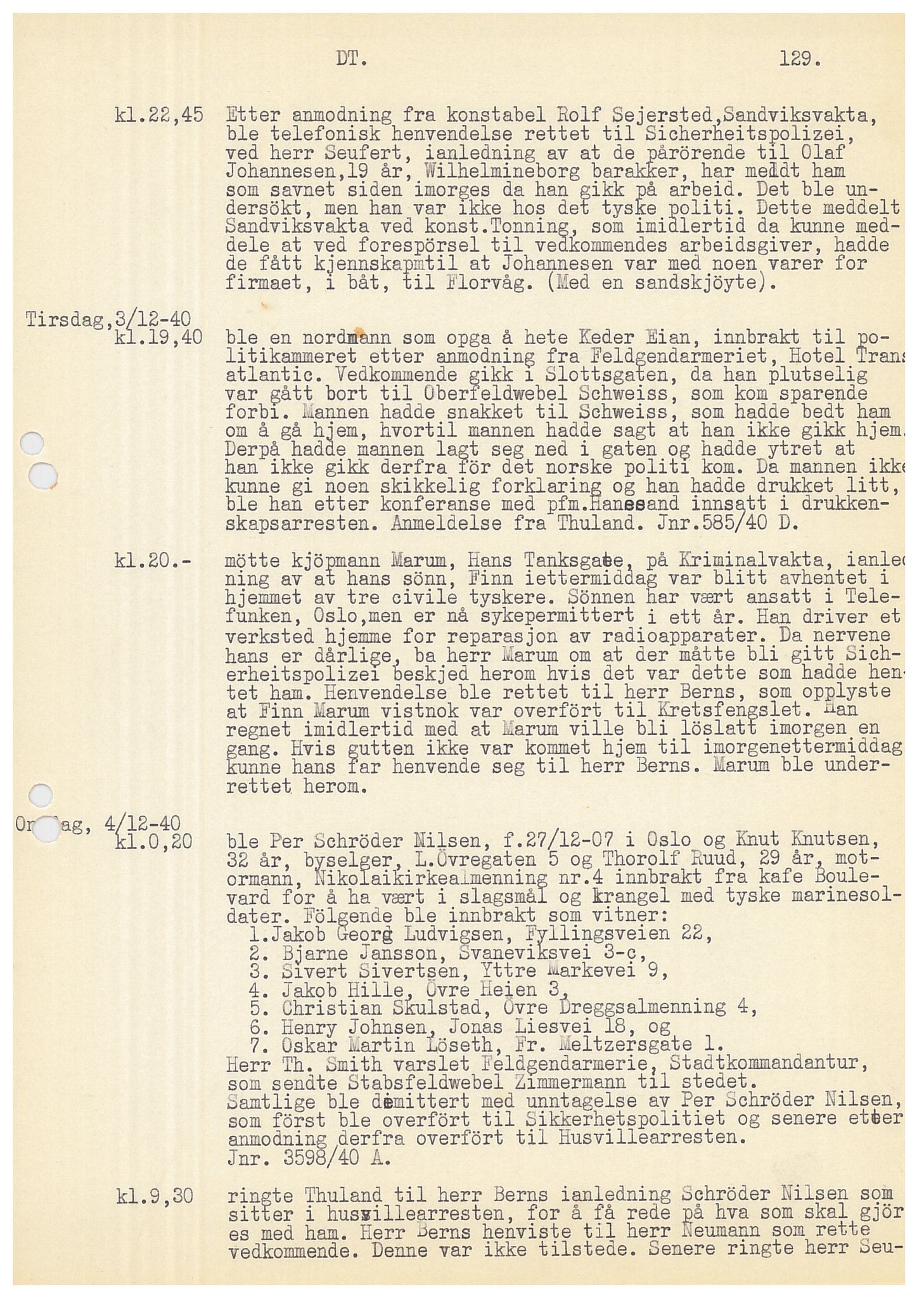 Bergen politikammer / politidistrikt, AV/SAB-A-60401/Y/Ye/L0001: Avskrift av krigsdagbok av Dankert Thuland, 1940-1941, p. 129