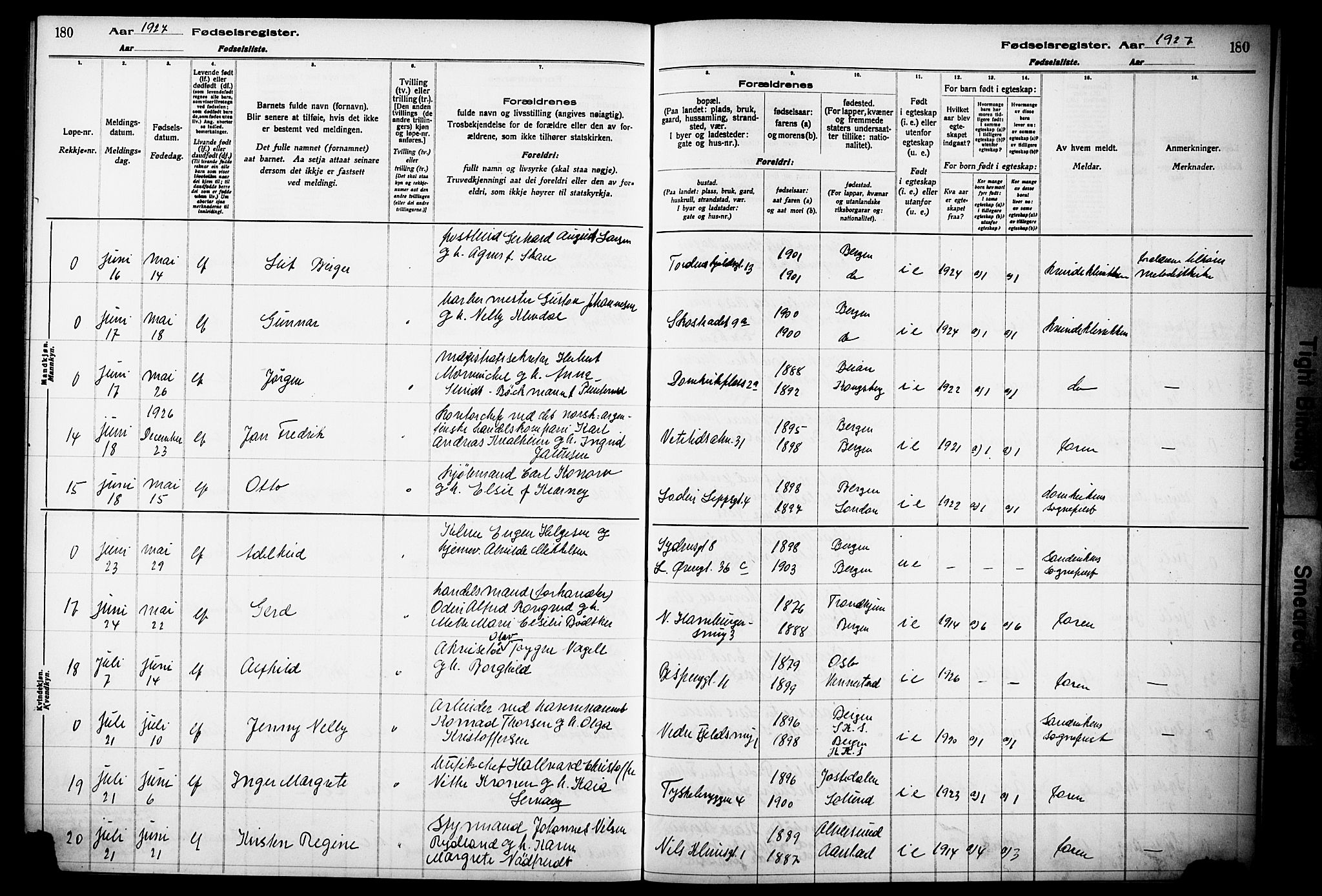 Korskirken sokneprestembete, AV/SAB-A-76101/I/Id/L00A1: Birth register no. A 1, 1916-1929, p. 180