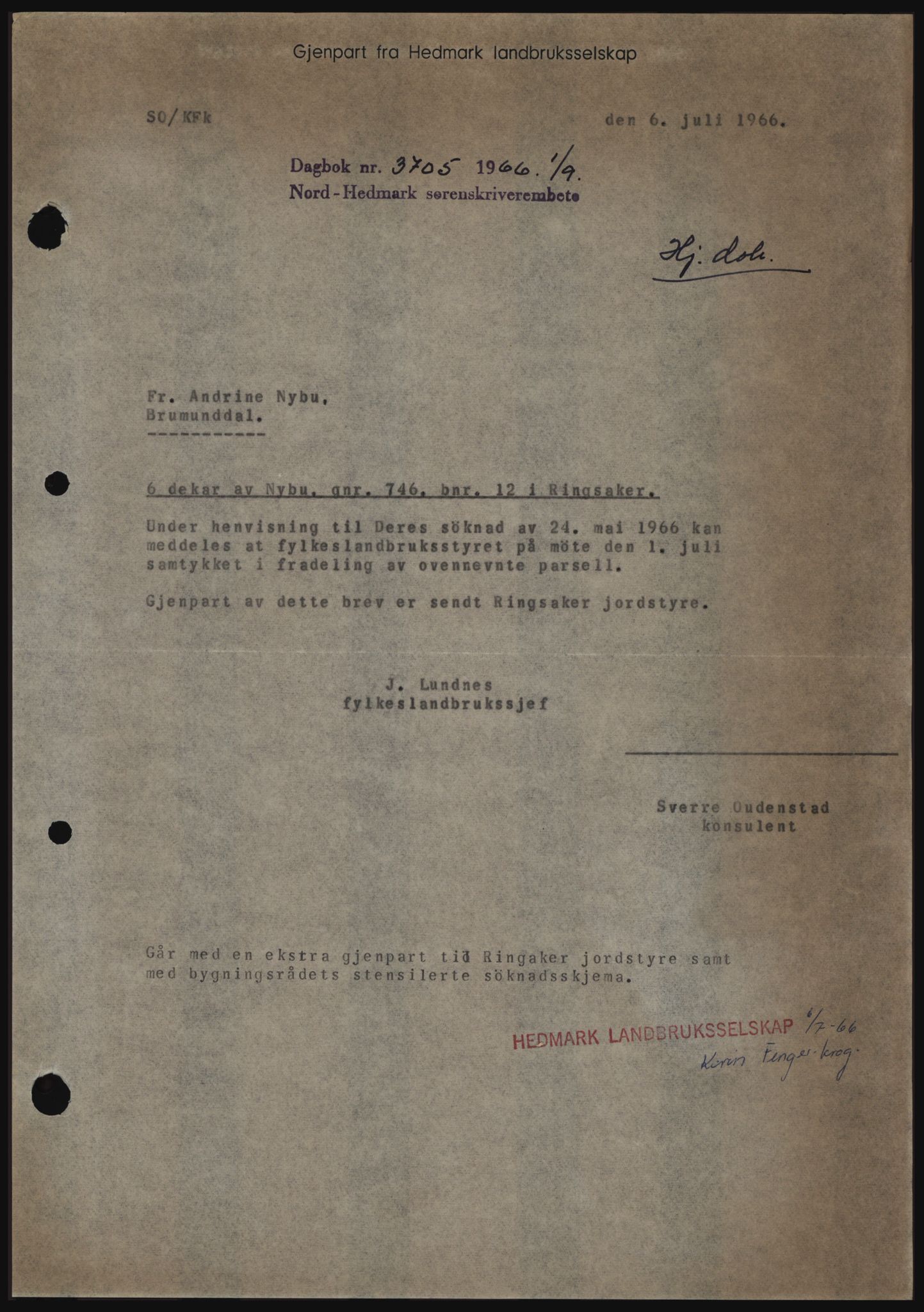 Nord-Hedmark sorenskriveri, SAH/TING-012/H/Hc/L0024: Mortgage book no. 24, 1966-1966, Diary no: : 3705/1966