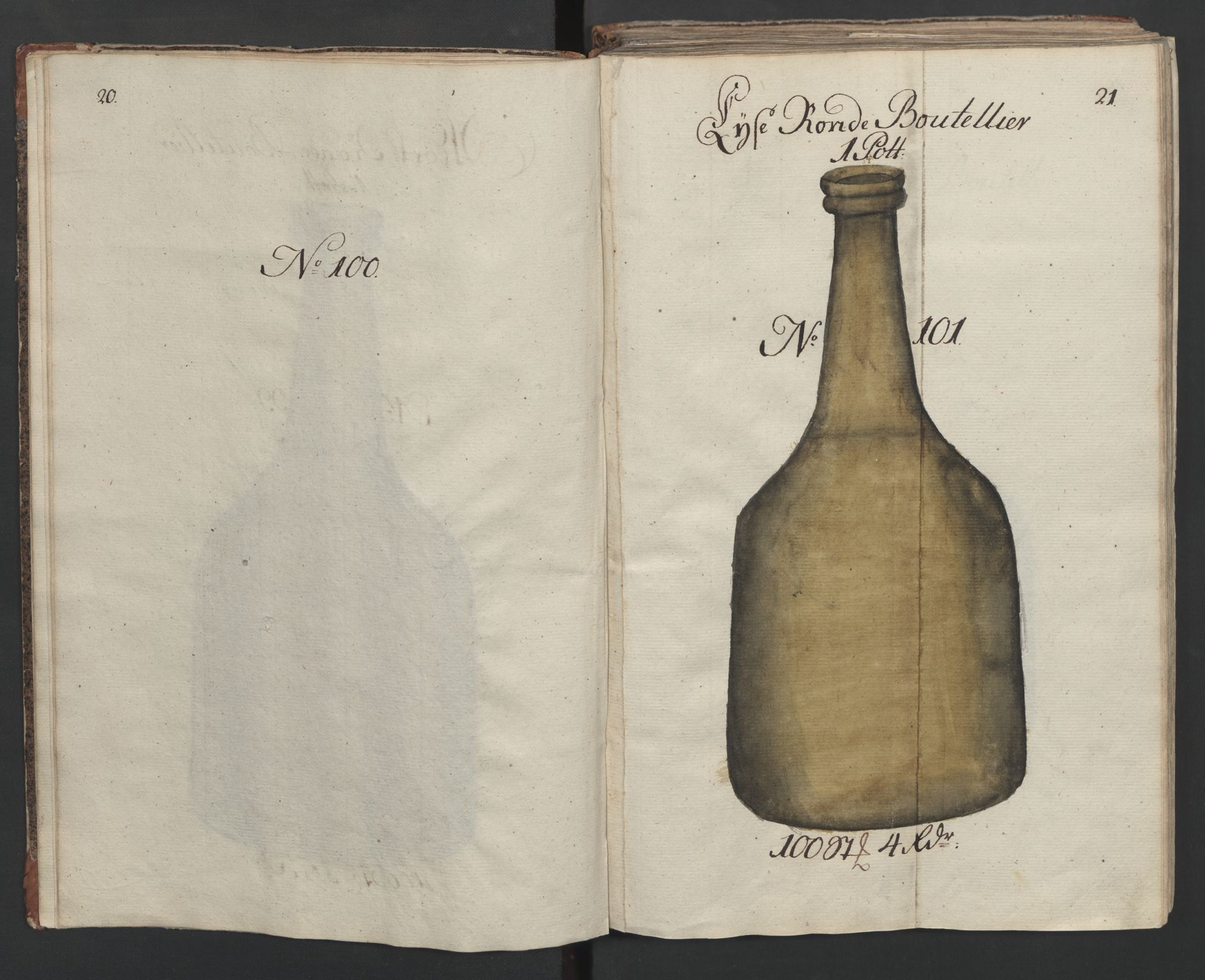 Glassverk, samlinger, AV/RA-PA-0001/F/Fa/L0036: Modellbok for Nøstetangens og Aas' produkter med prisangivelse,, 1763, p. 20-21