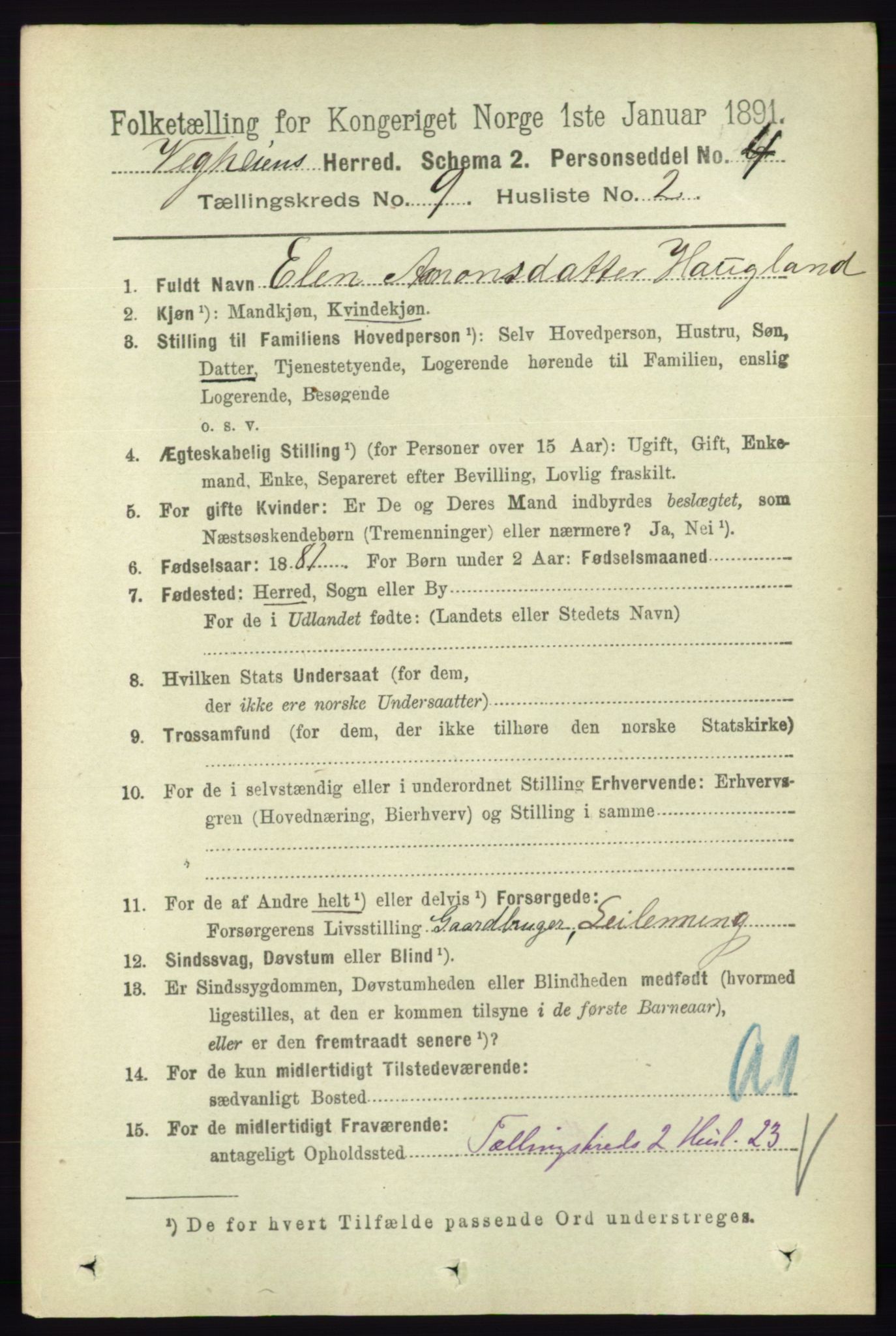 RA, 1891 census for 0912 Vegårshei, 1891, p. 1742