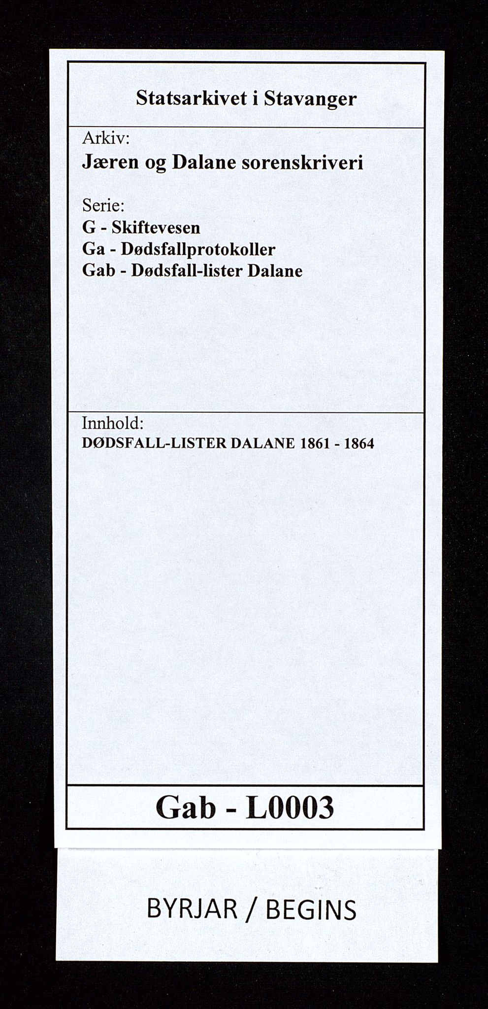 Jæren og Dalane sorenskriveri, AV/SAST-A-100306/5/52AB/L0003: DØDSFALL-LISTER DALANE, 1861-1864, p. 1