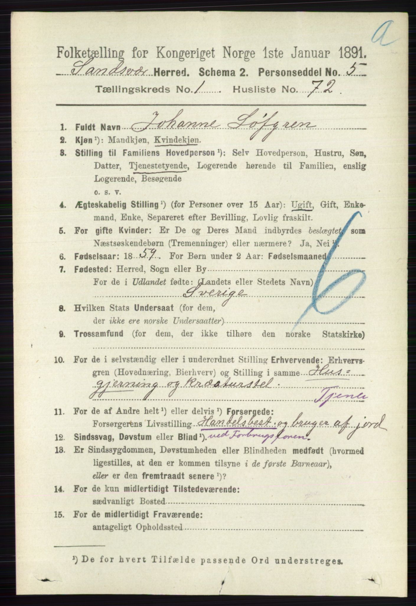 RA, 1891 census for 0629 Sandsvær, 1891, p. 581