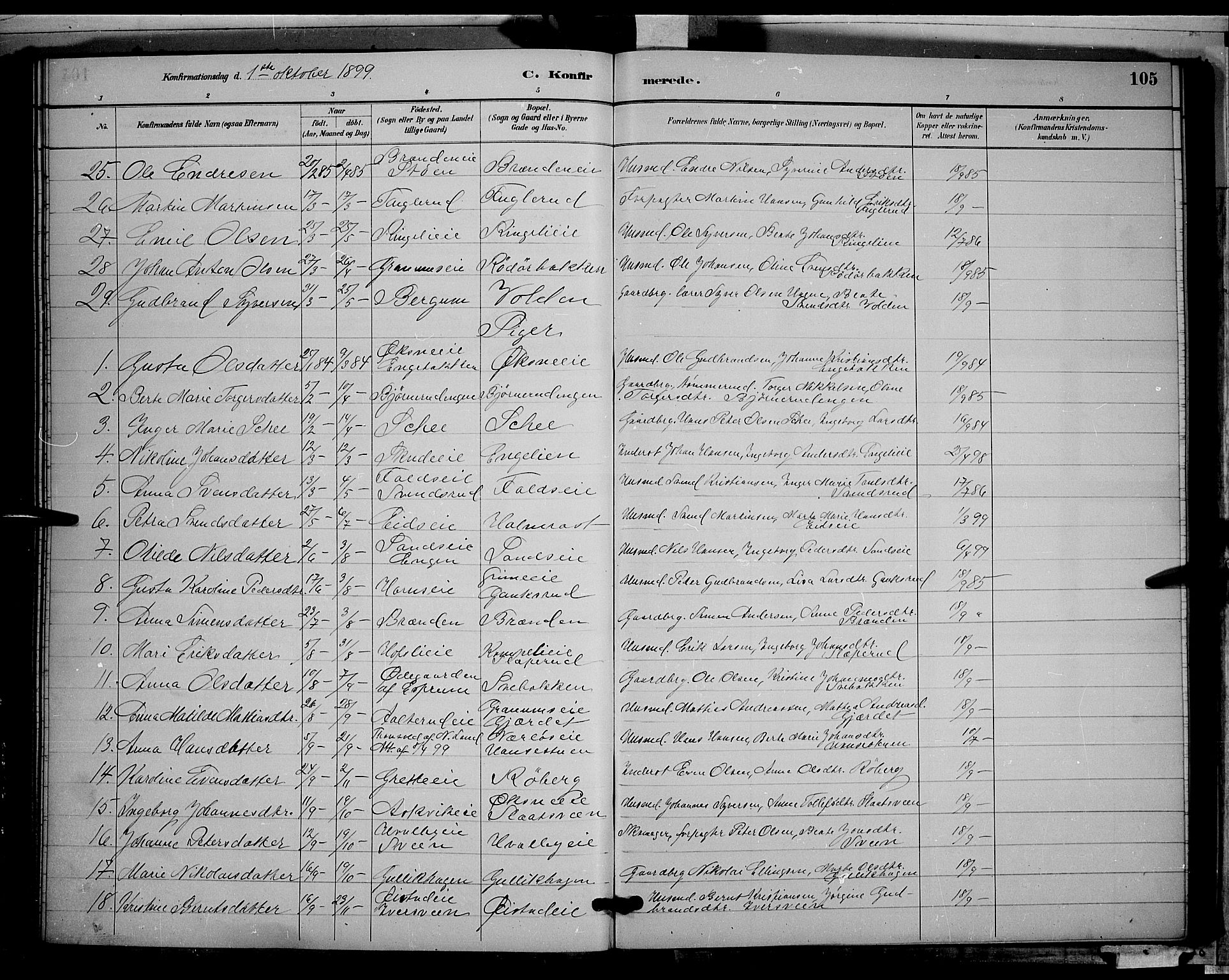 Søndre Land prestekontor, AV/SAH-PREST-122/L/L0002: Parish register (copy) no. 2, 1884-1900, p. 105