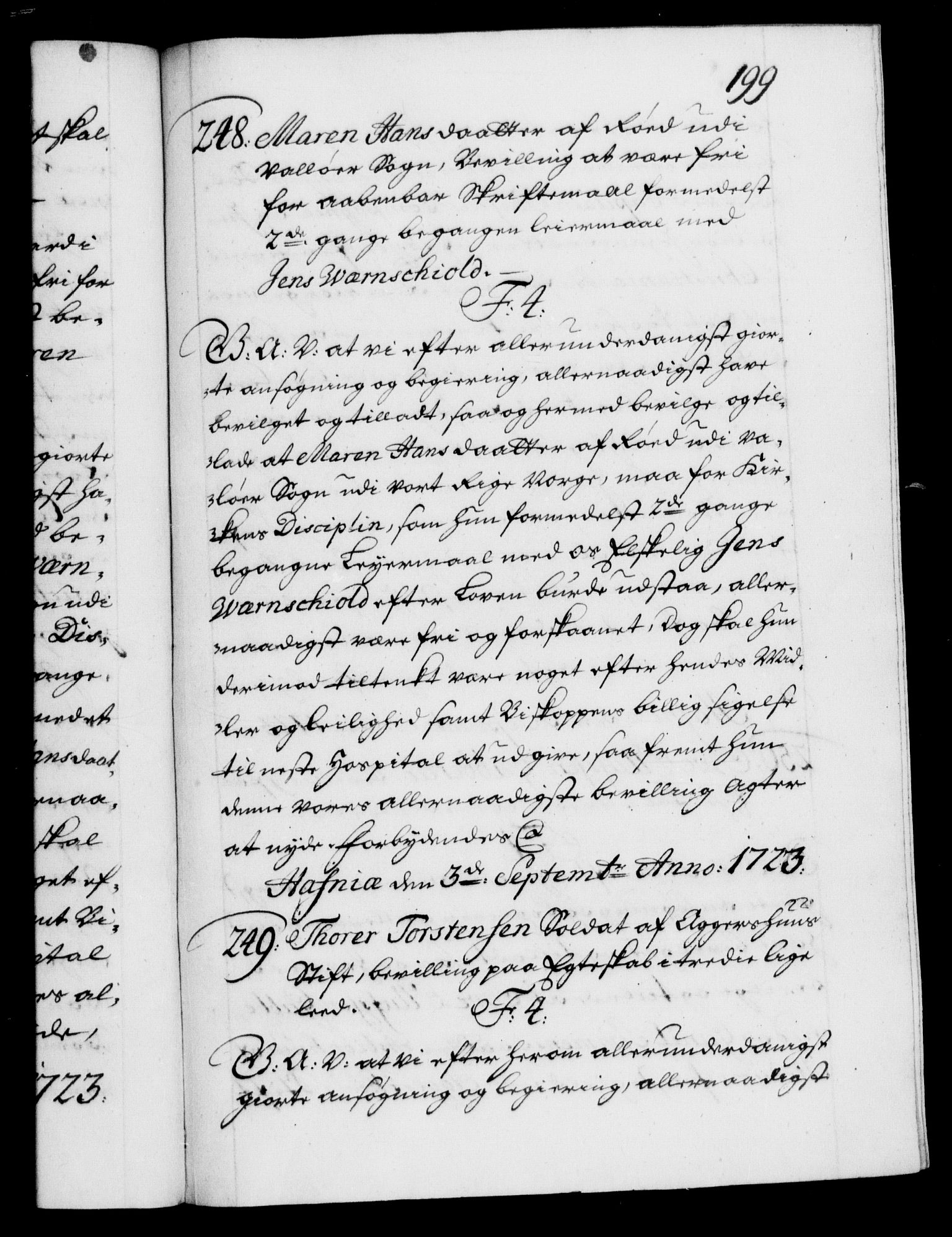 Danske Kanselli 1572-1799, RA/EA-3023/F/Fc/Fca/Fcaa/L0024: Norske registre, 1723-1725, p. 199a