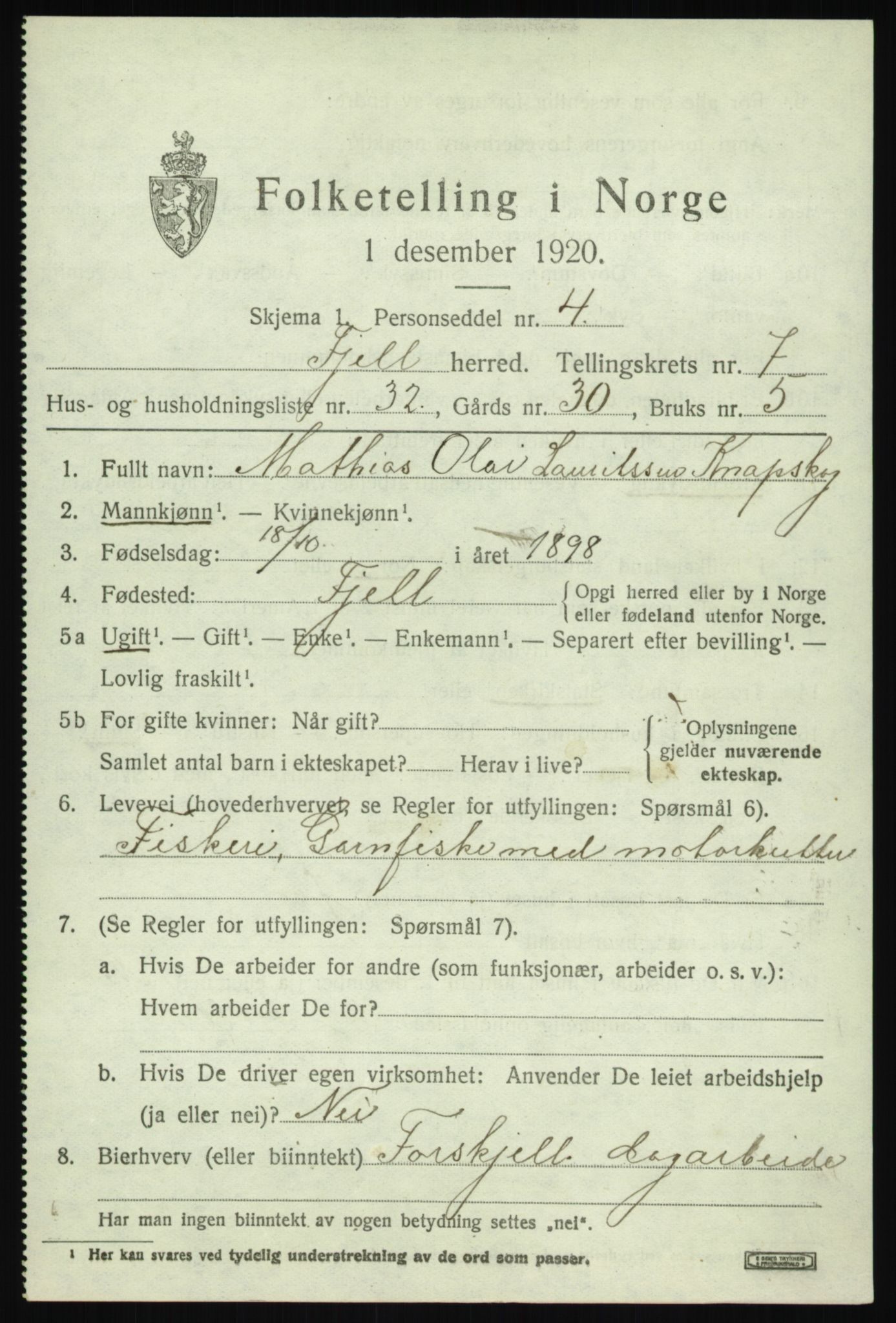 SAB, 1920 census for Fjell, 1920, p. 6818