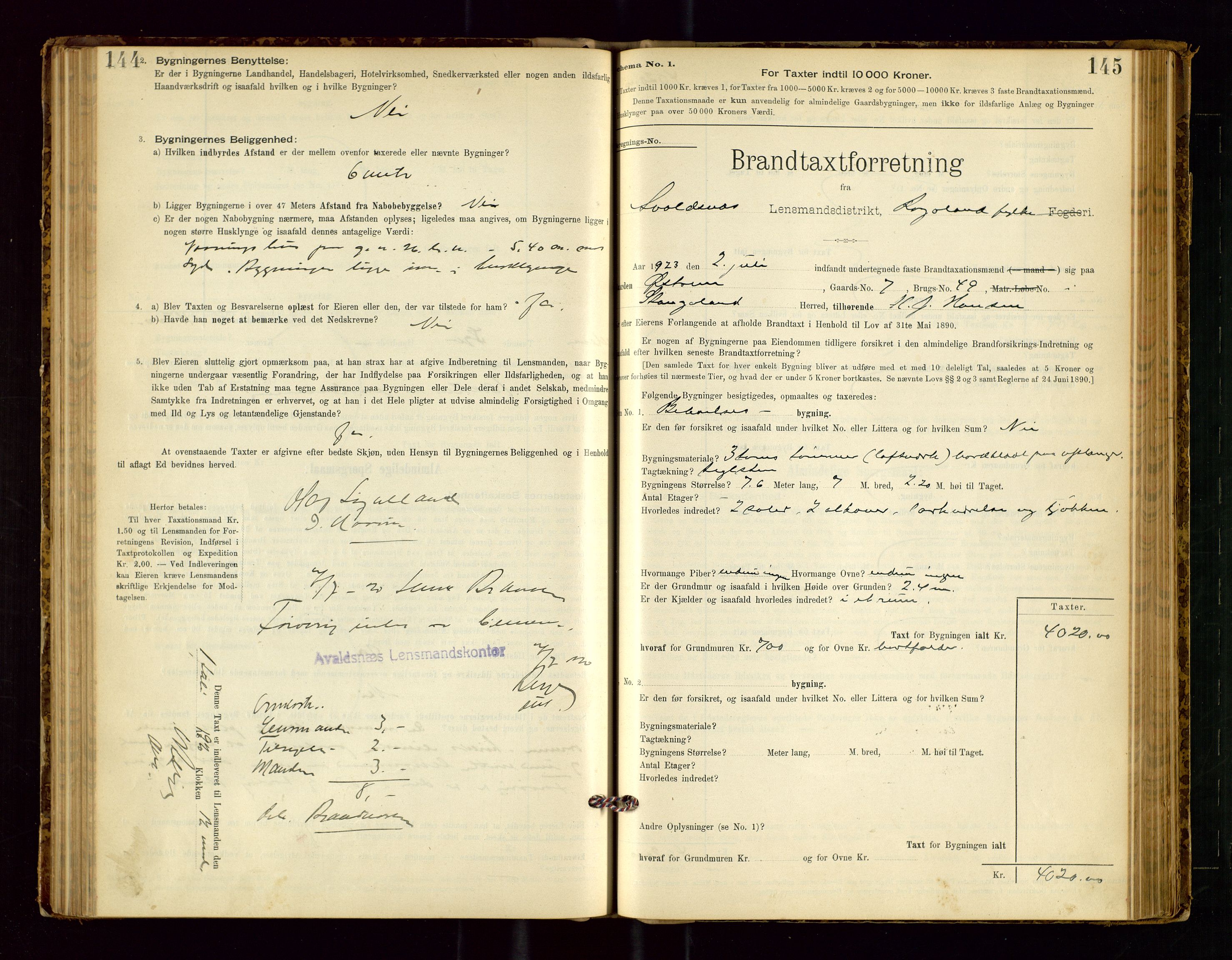 Avaldsnes lensmannskontor, AV/SAST-A-100286/Gob/L0001: "Brandtaxationsprotokol for Avaldsnes Lensmandsdistrikt Ryfylke Fogderi", 1894-1925, p. 144-145