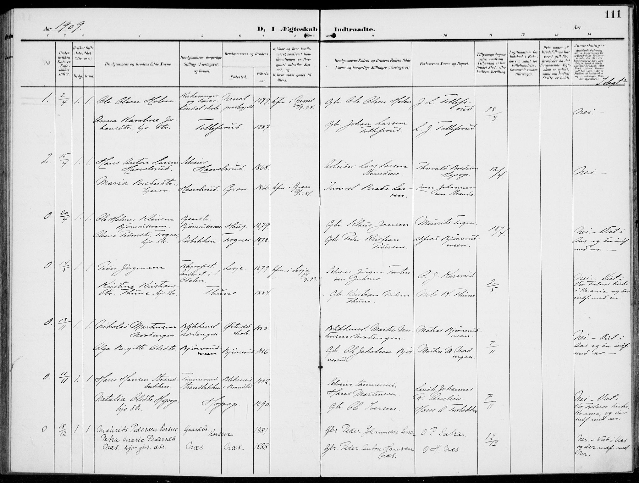 Kolbu prestekontor, SAH/PREST-110/H/Ha/Haa/L0001: Parish register (official) no. 1, 1907-1923, p. 111