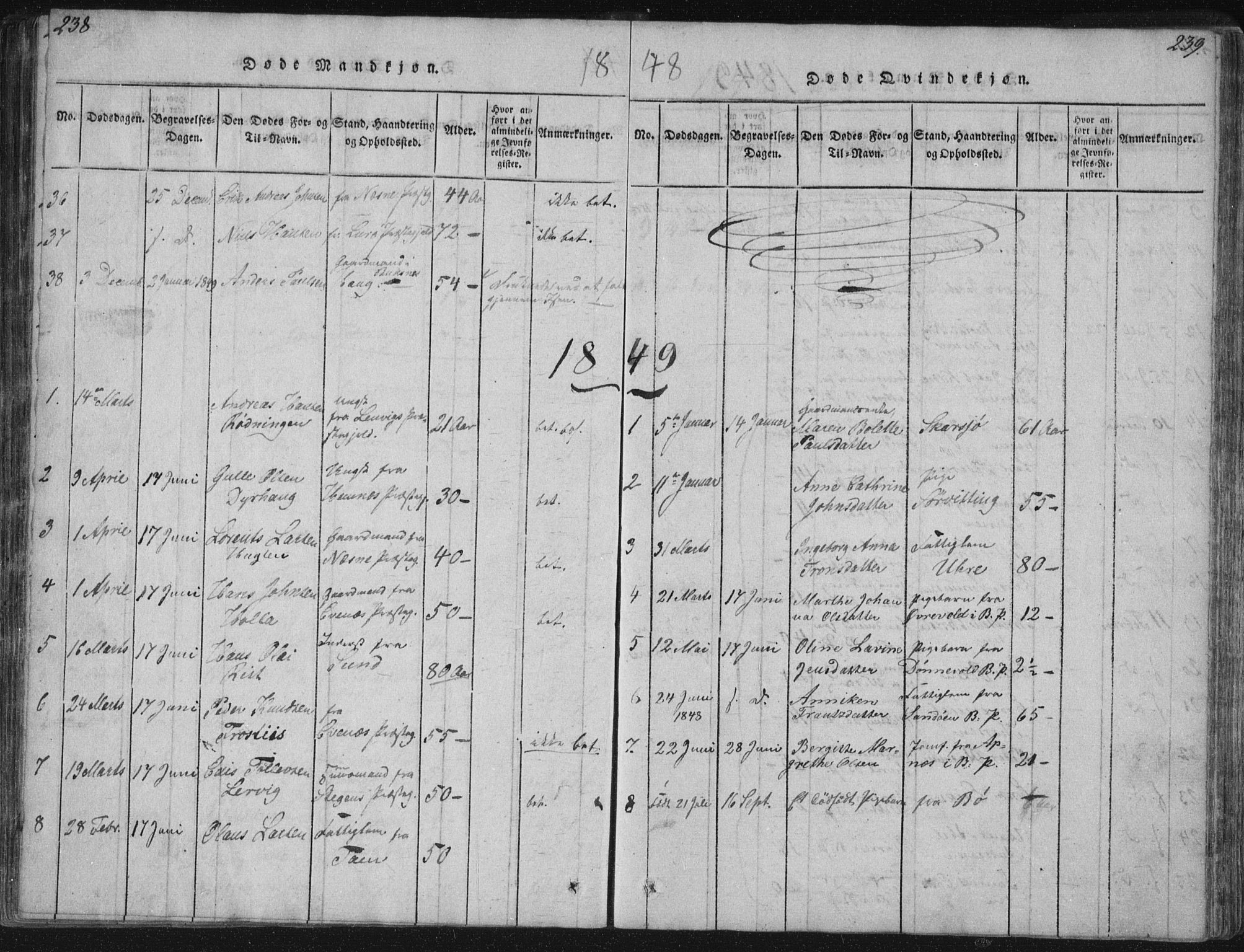 Ministerialprotokoller, klokkerbøker og fødselsregistre - Nordland, SAT/A-1459/881/L1164: Parish register (copy) no. 881C01, 1818-1853, p. 238-239