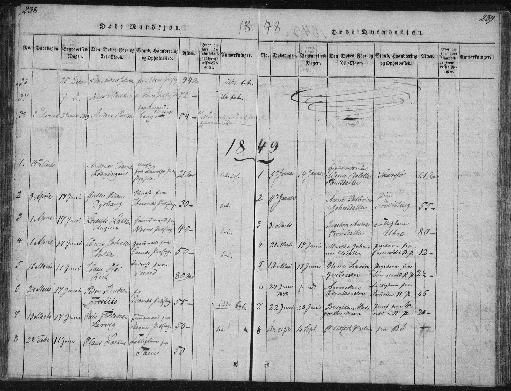 Ministerialprotokoller, klokkerbøker og fødselsregistre - Nordland, AV/SAT-A-1459/881/L1164: Parish register (copy) no. 881C01, 1818-1853, p. 238-239