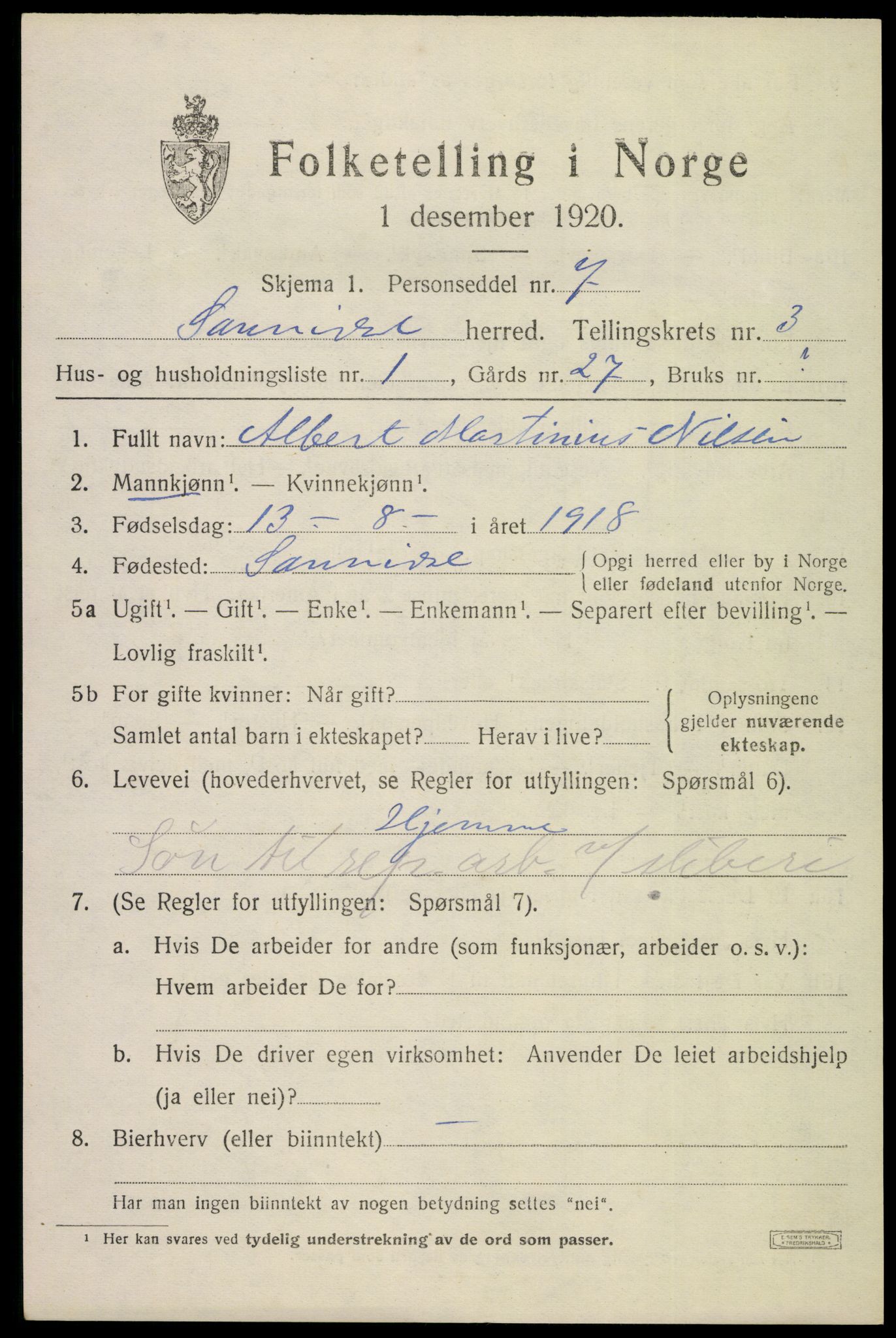 SAKO, 1920 census for Sannidal, 1920, p. 2181