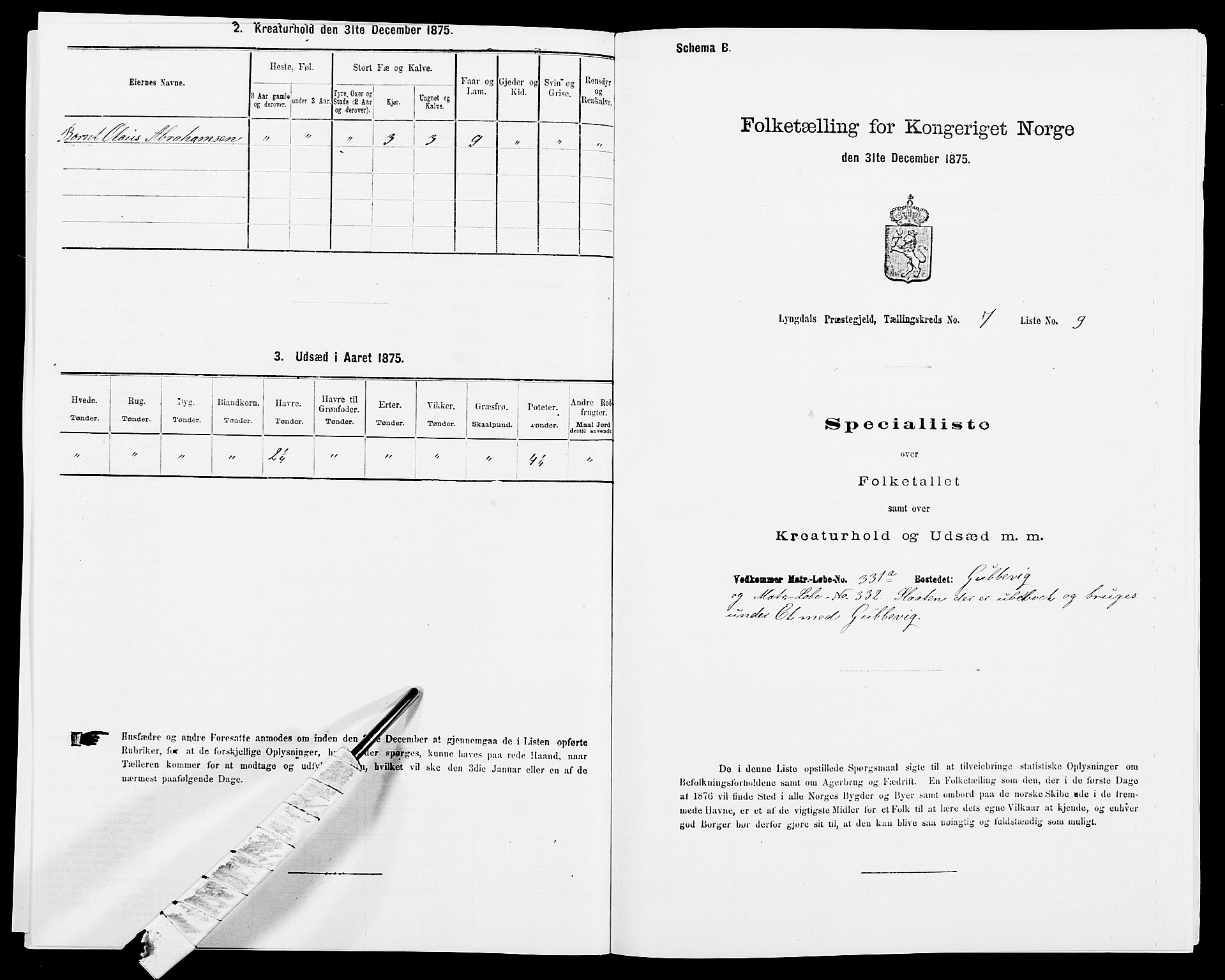 SAK, 1875 census for 1032P Lyngdal, 1875, p. 1117