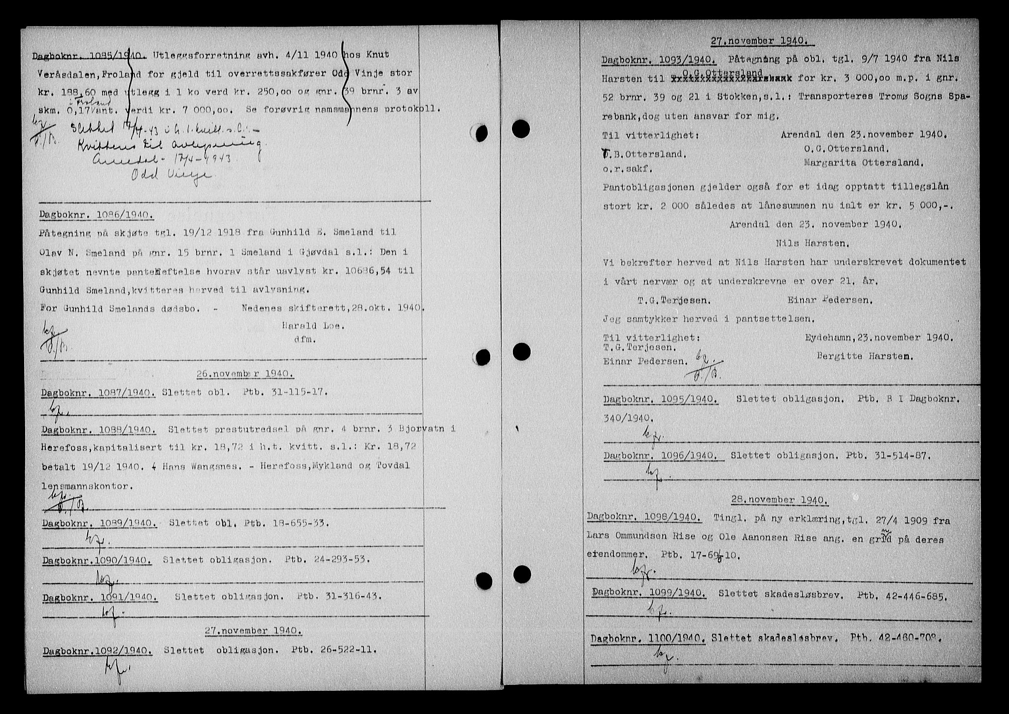 Nedenes sorenskriveri, SAK/1221-0006/G/Gb/Gba/L0048: Mortgage book no. A-II, 1940-1941, Diary no: : 1085/1940