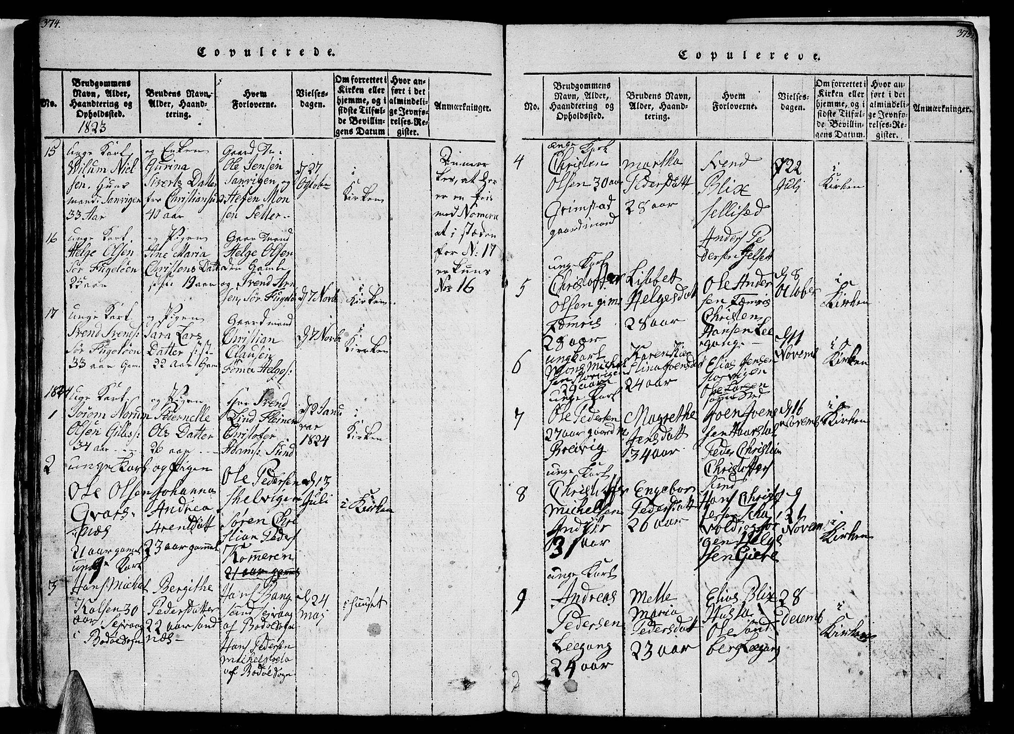 Ministerialprotokoller, klokkerbøker og fødselsregistre - Nordland, AV/SAT-A-1459/805/L0105: Parish register (copy) no. 805C01, 1820-1839, p. 374-375