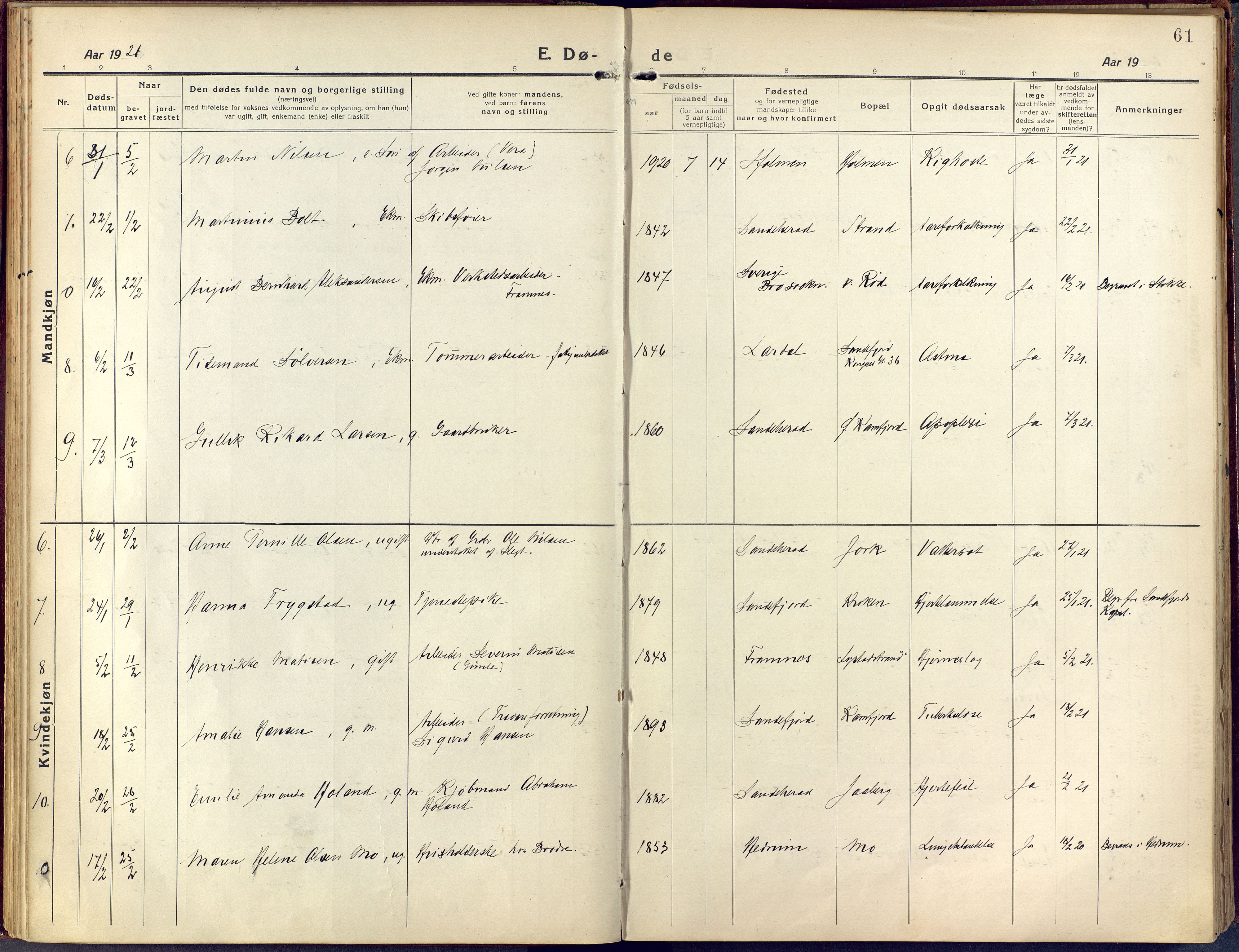 Sandar kirkebøker, SAKO/A-243/F/Fa/L0021: Parish register (official) no. 21, 1919-1925, p. 61