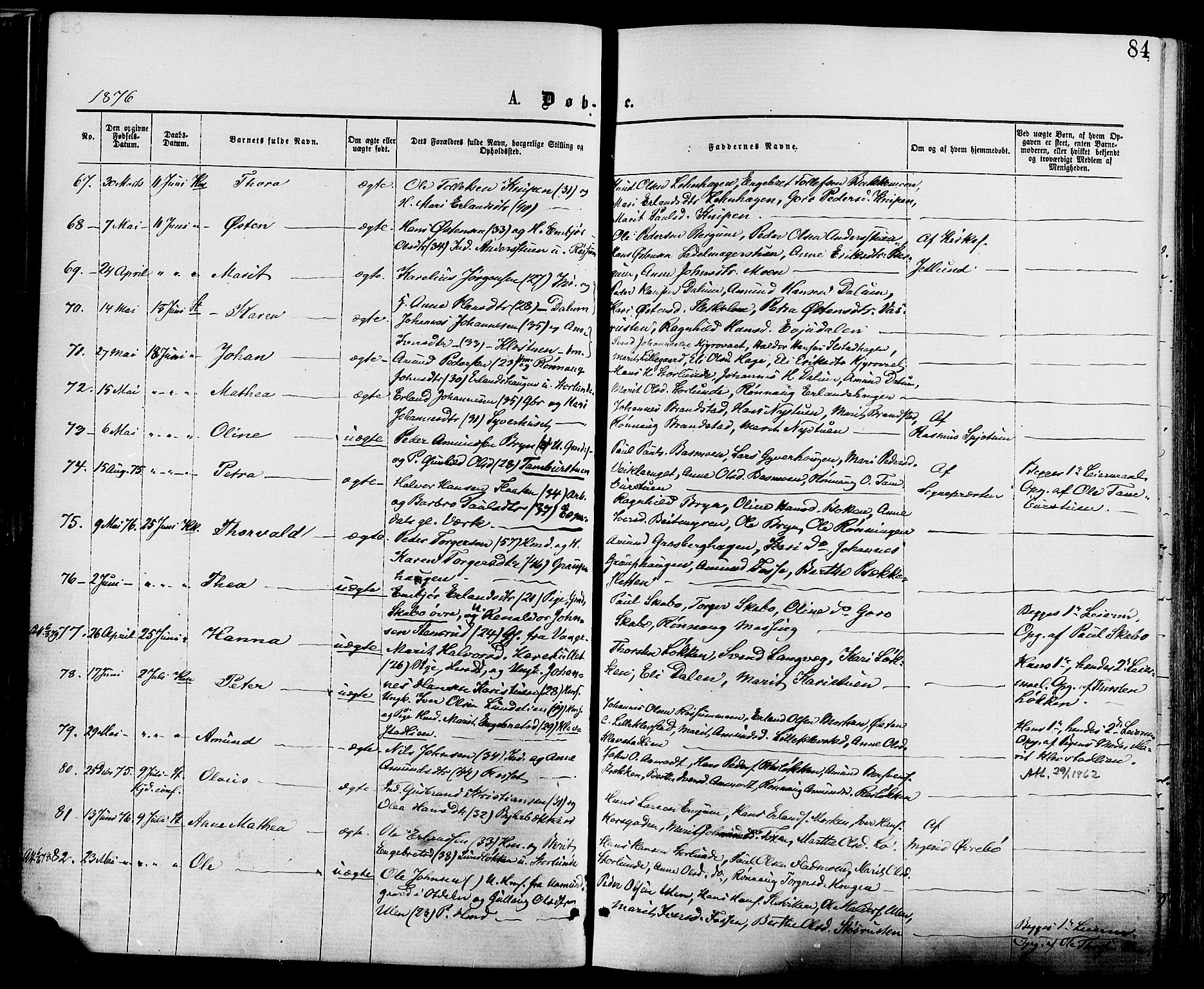 Nord-Fron prestekontor, SAH/PREST-080/H/Ha/Haa/L0002: Parish register (official) no. 2, 1865-1883, p. 84