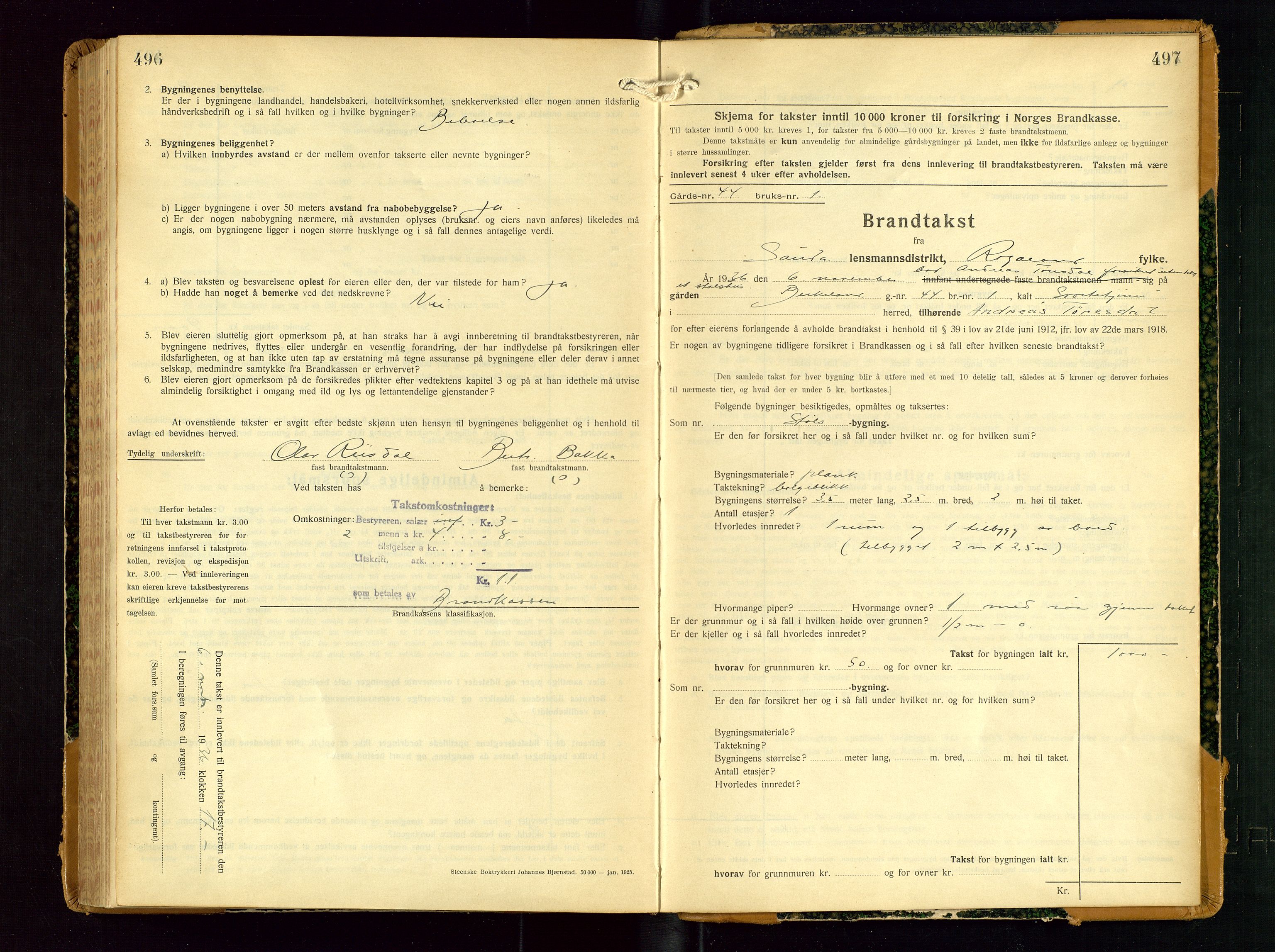 Sauda lensmannskontor, AV/SAST-A-100177/Gob/L0003: Branntakstprotokoll - skjematakst, 1928-1936, p. 496-497