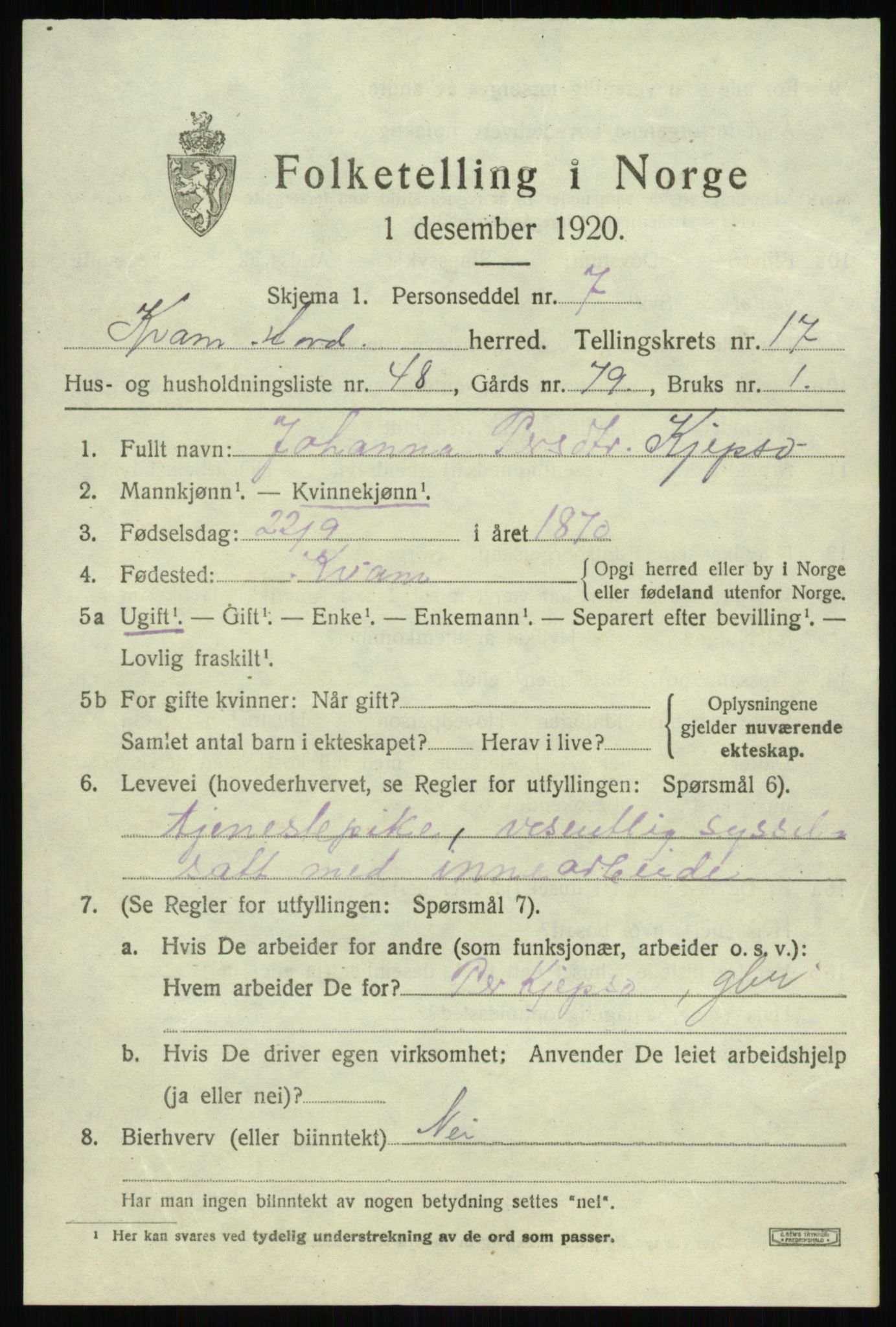 SAB, 1920 census for Kvam, 1920, p. 9861
