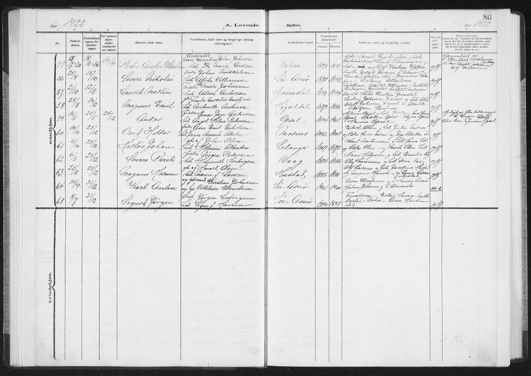 Ministerialprotokoller, klokkerbøker og fødselsregistre - Nordland, SAT/A-1459/805/L0104: Parish register (official) no. 805A09, 1909-1926, p. 86