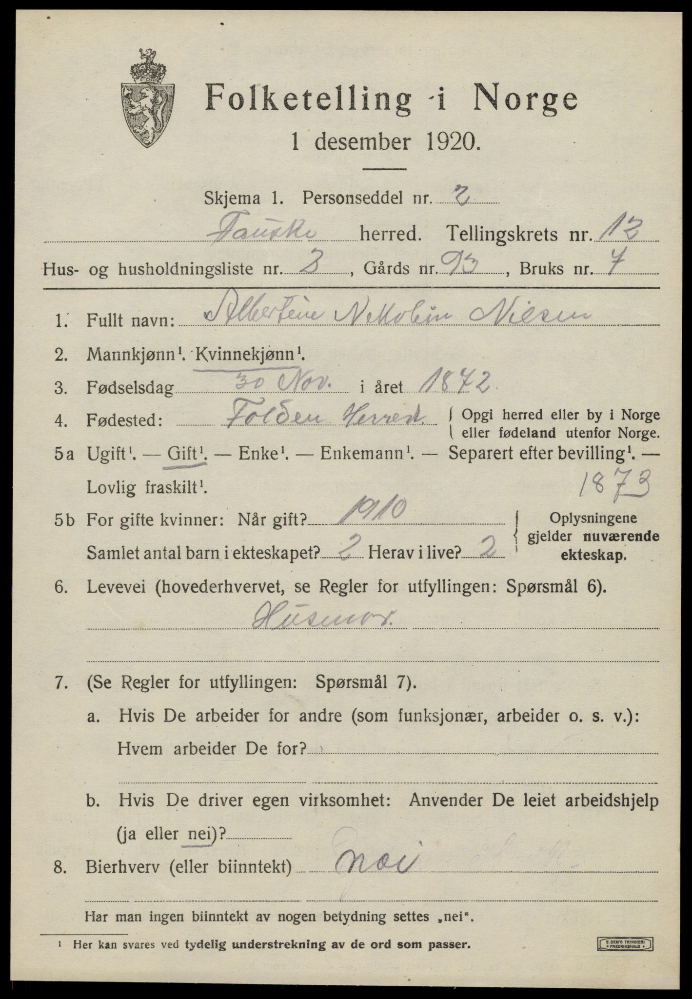 SAT, 1920 census for Fauske, 1920, p. 8182