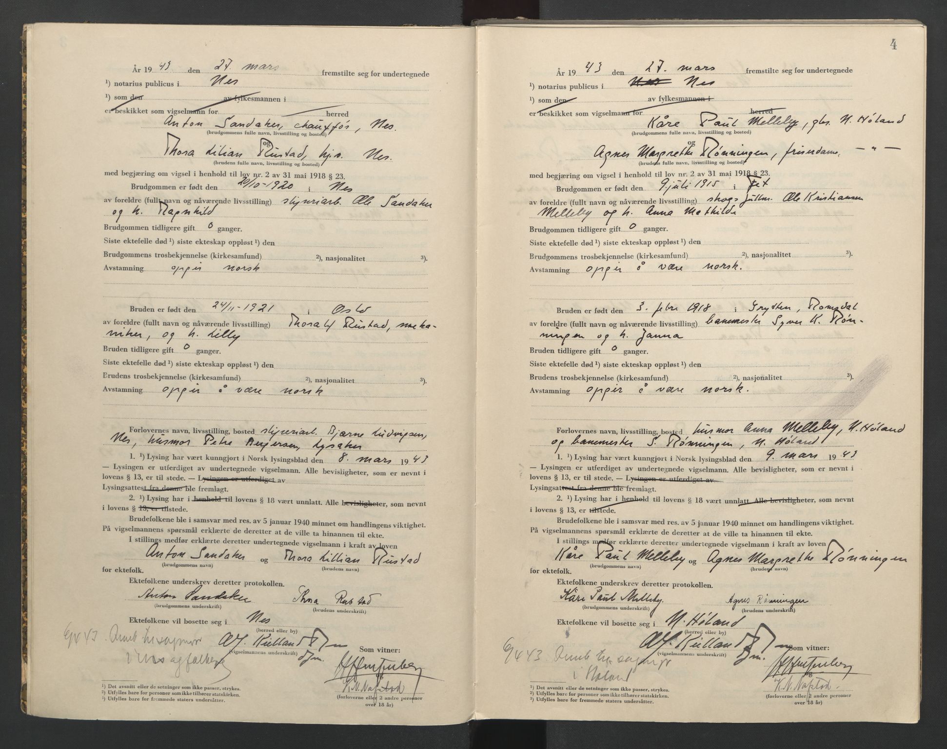 Nes tingrett, AV/SAO-A-10548/L/Lc/Lca/L0002: Vigselbok, 1943-1944, p. 4
