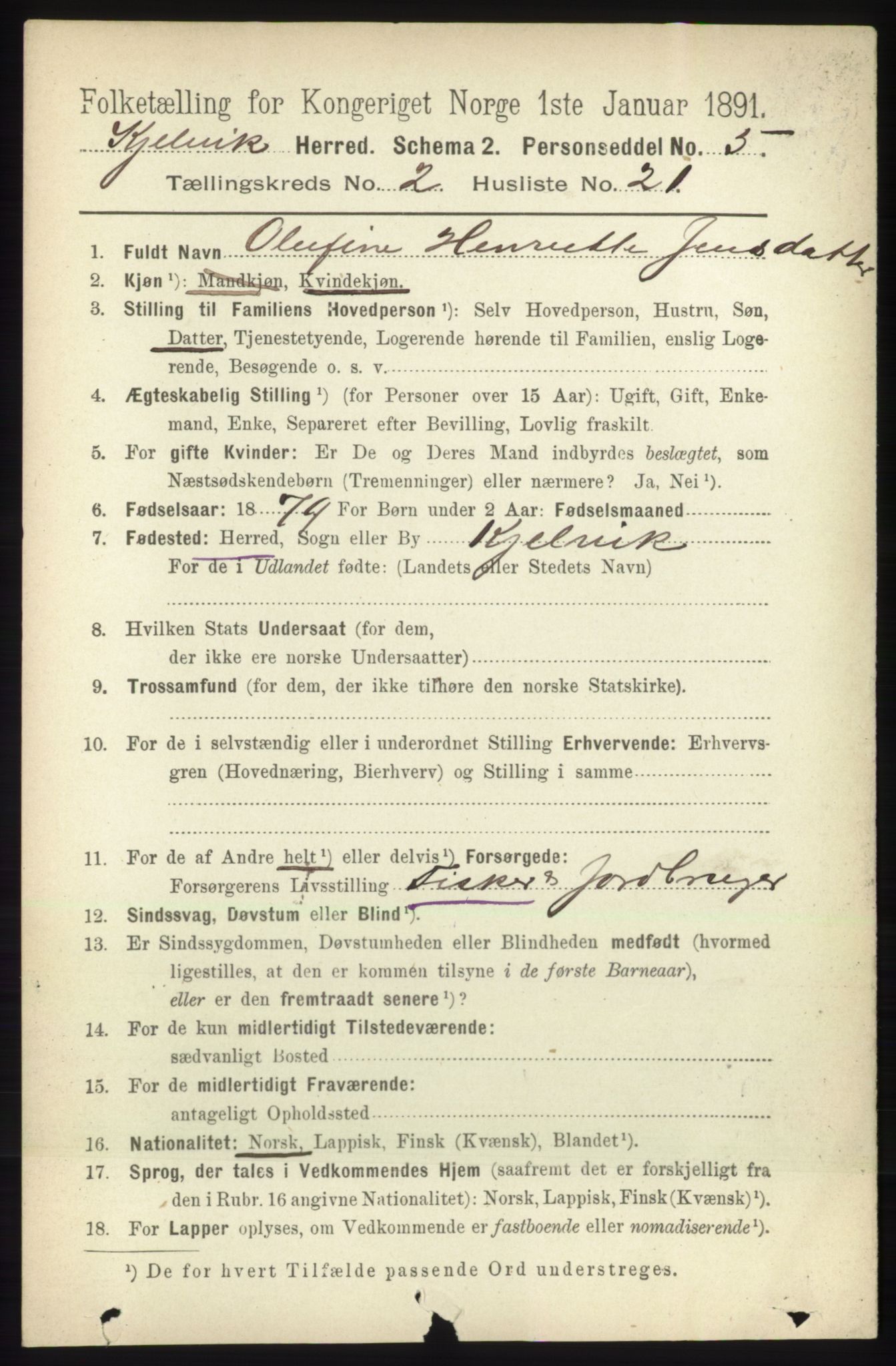 RA, 1891 census for 2019 Kjelvik, 1891, p. 212