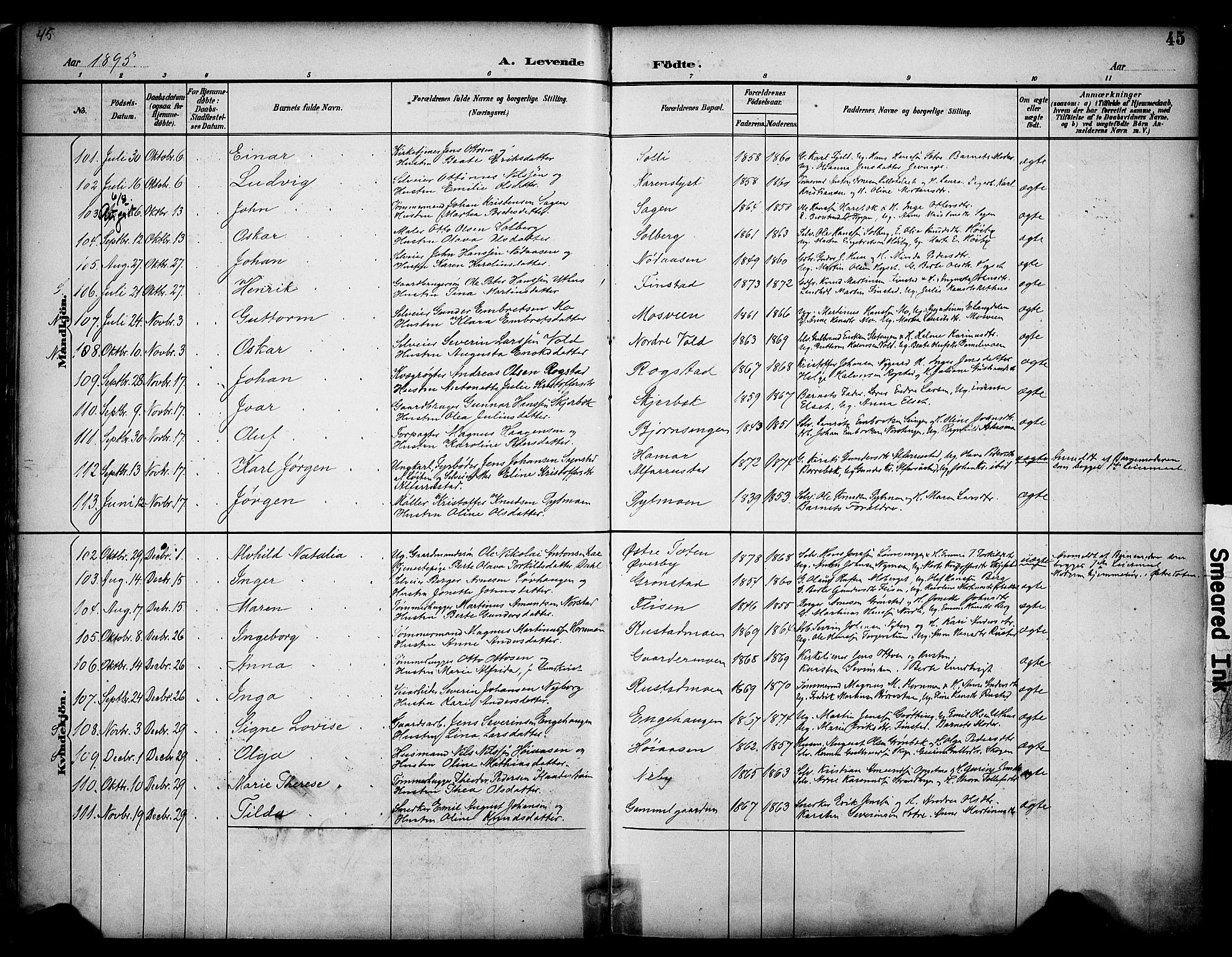 Elverum prestekontor, AV/SAH-PREST-044/H/Ha/Haa/L0014: Parish register (official) no. 14, 1891-1909, p. 45