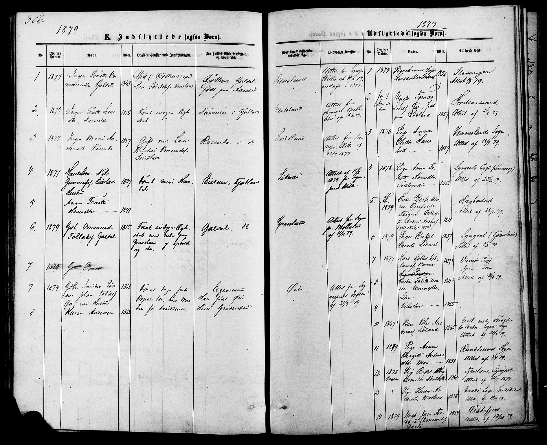 Kvinesdal sokneprestkontor, SAK/1111-0026/F/Fa/Fab/L0007: Parish register (official) no. A 7, 1870-1885, p. 306