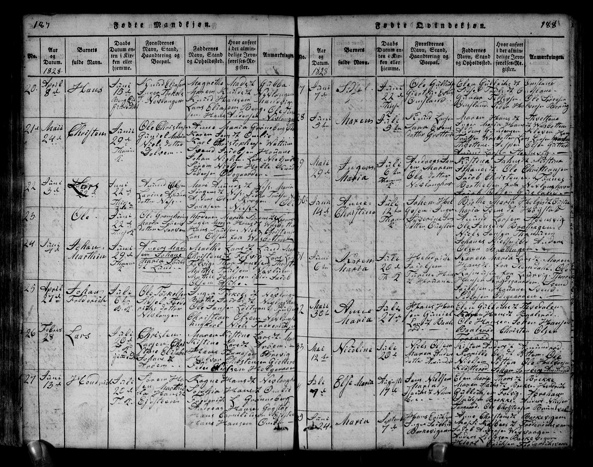 Brunlanes kirkebøker, AV/SAKO-A-342/G/Ga/L0001: Parish register (copy) no. I 1, 1814-1834, p. 187-188