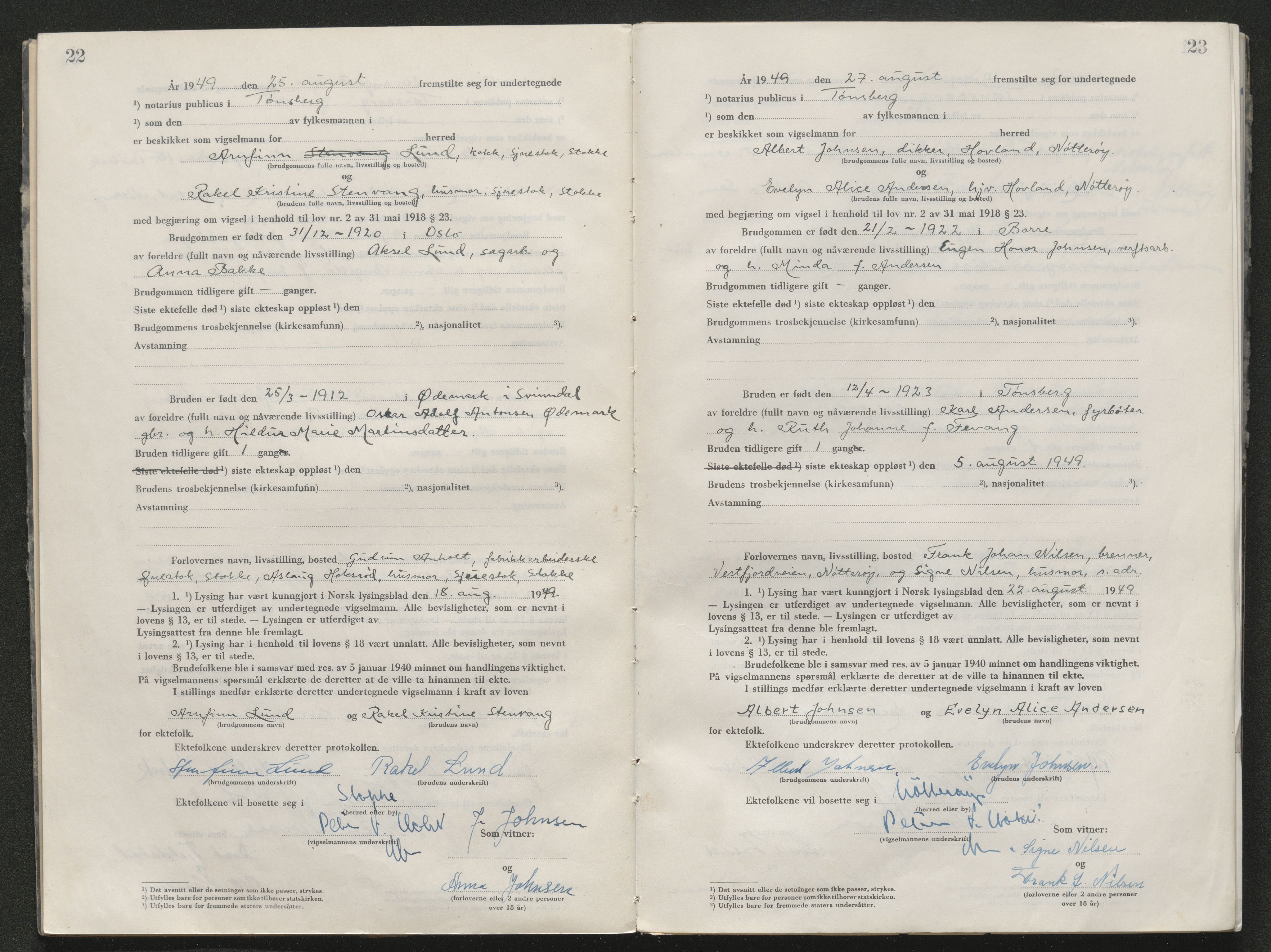 Tønsberg sorenskriveri, AV/SAKO-A-130/L/Lb/L0008: Vigselprotokoll, 1949-1951, p. 22-23