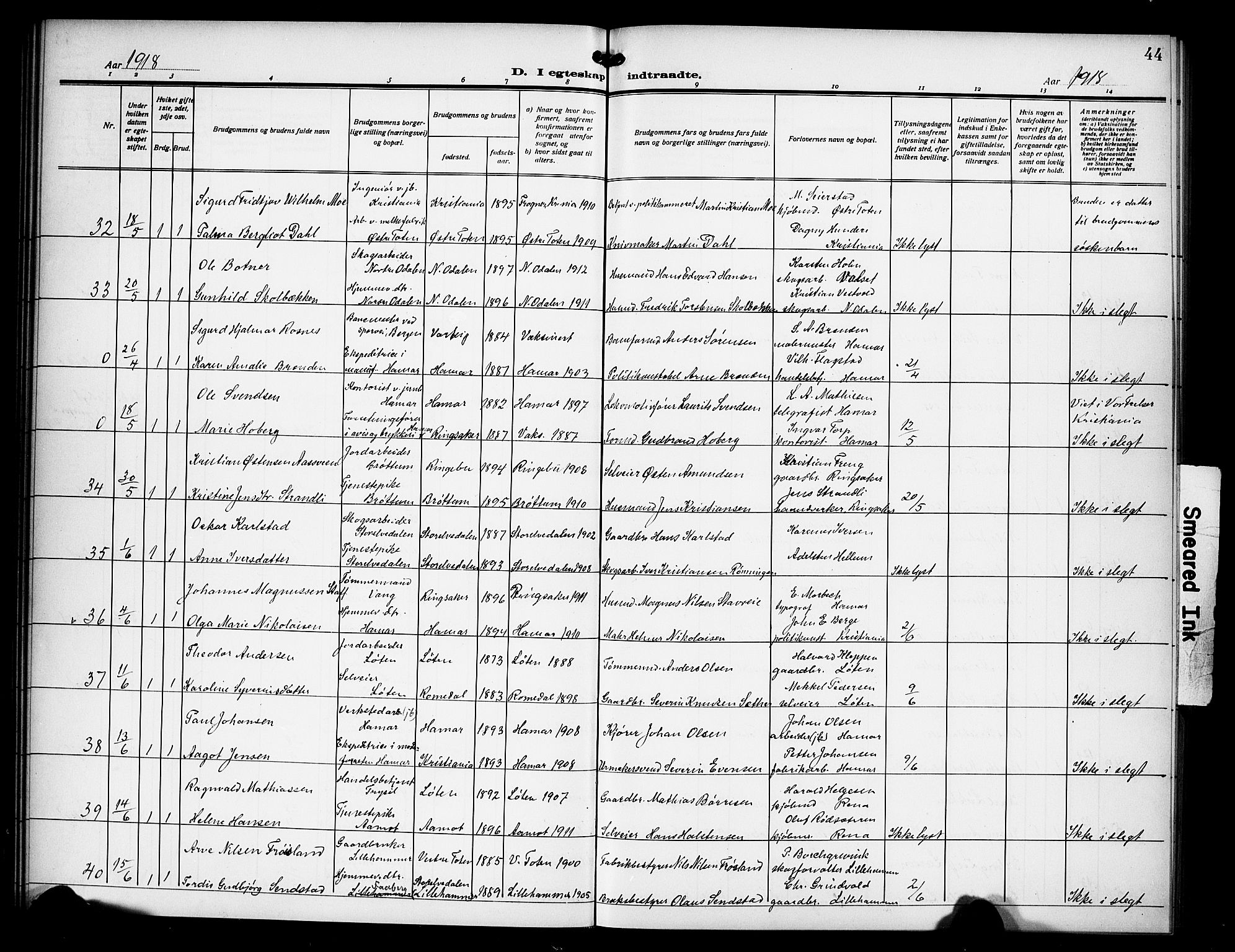 Hamar prestekontor, AV/SAH-DOMPH-002/H/Ha/Hab/L0003: Parish register (copy) no. 3, 1913-1930, p. 44
