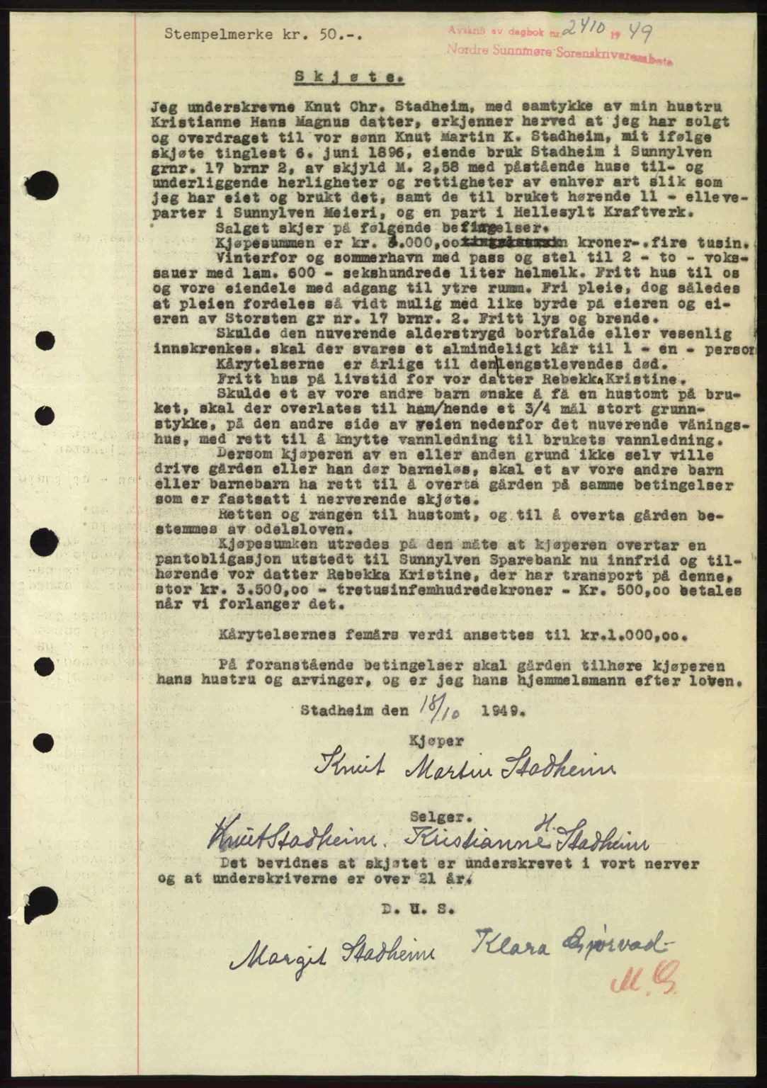 Nordre Sunnmøre sorenskriveri, AV/SAT-A-0006/1/2/2C/2Ca: Mortgage book no. A32, 1949-1949, Diary no: : 2410/1949