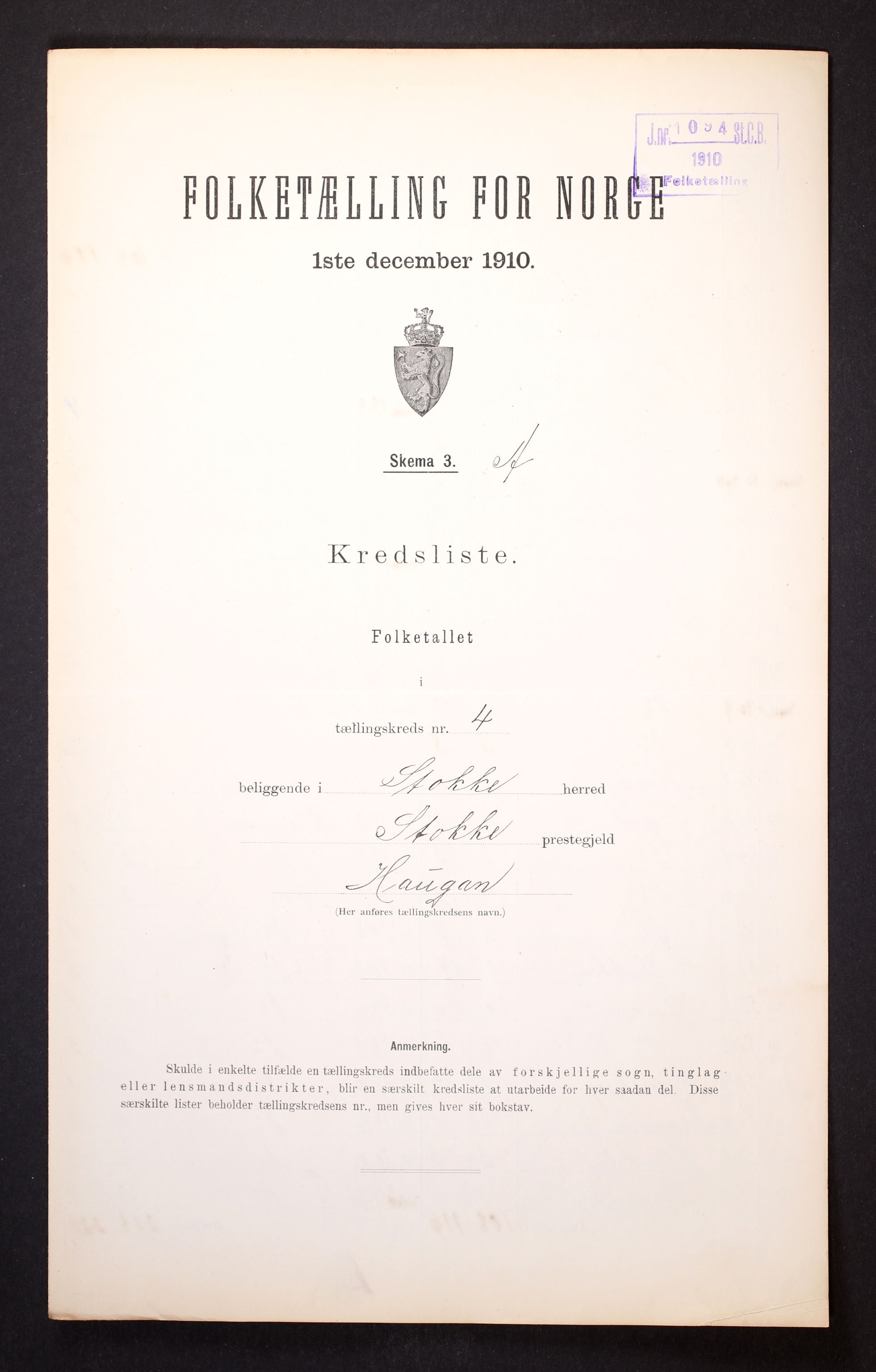 RA, 1910 census for Stokke, 1910, p. 16