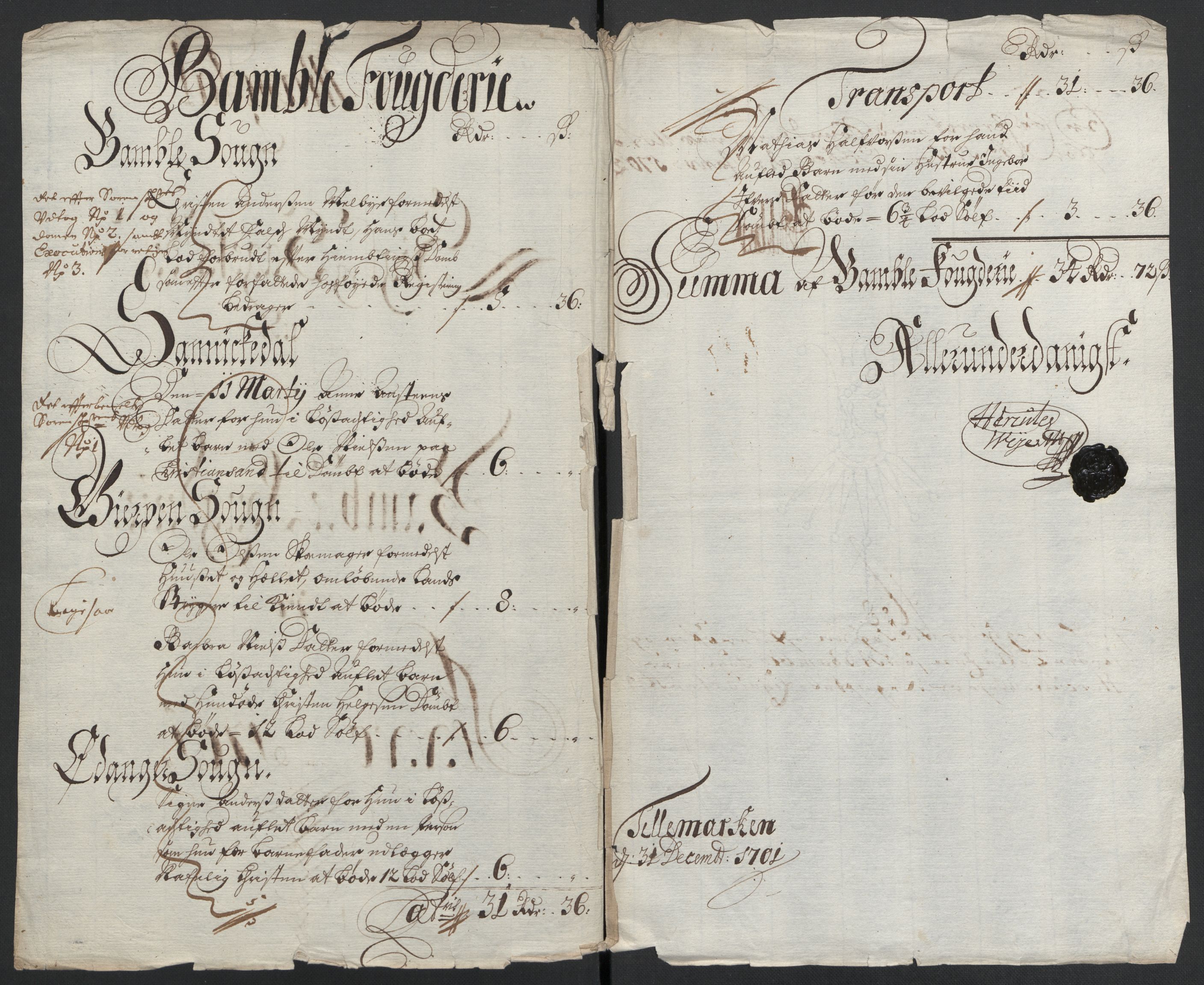 Rentekammeret inntil 1814, Reviderte regnskaper, Fogderegnskap, AV/RA-EA-4092/R36/L2105: Fogderegnskap Øvre og Nedre Telemark og Bamble, 1701, p. 147