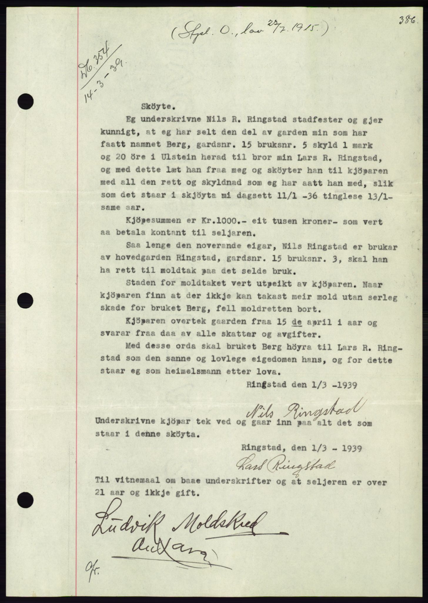 Søre Sunnmøre sorenskriveri, AV/SAT-A-4122/1/2/2C/L0067: Mortgage book no. 61, 1938-1939, Diary no: : 354/1939