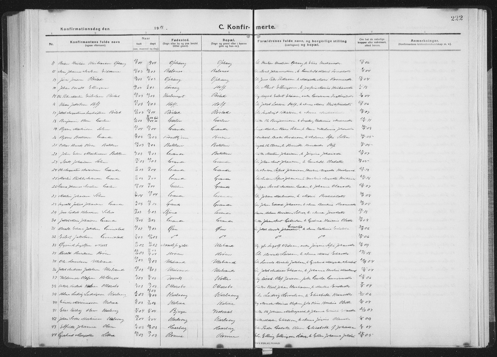 Ministerialprotokoller, klokkerbøker og fødselsregistre - Sør-Trøndelag, SAT/A-1456/659/L0747: Parish register (copy) no. 659C04, 1913-1938, p. 222