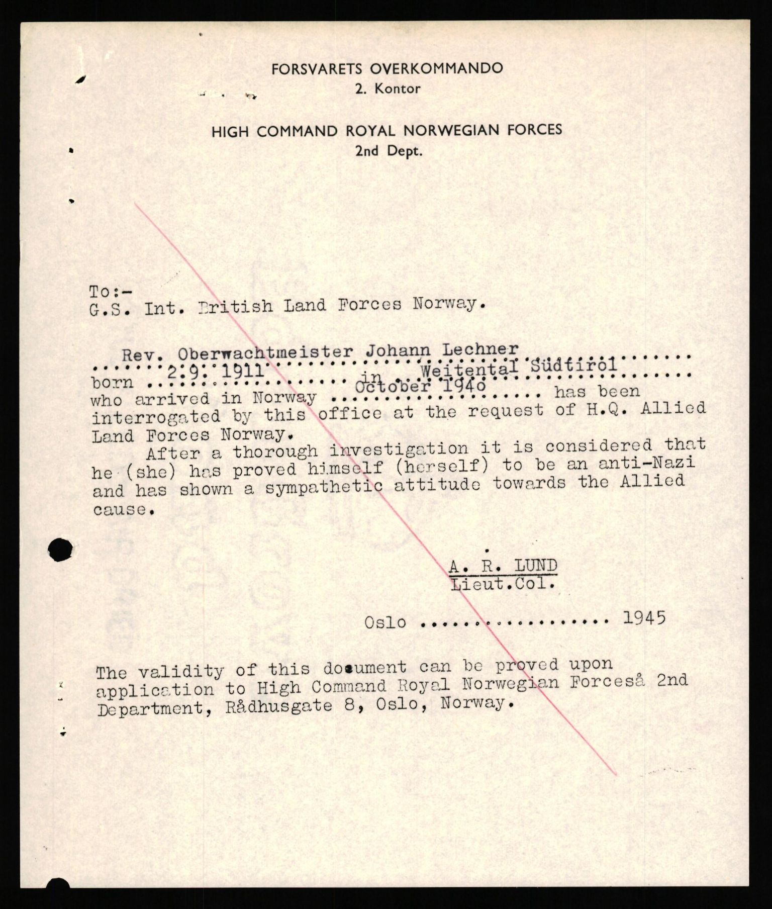 Forsvaret, Forsvarets overkommando II, AV/RA-RAFA-3915/D/Db/L0039: CI Questionaires. Tyske okkupasjonsstyrker i Norge. Østerrikere., 1945-1946, p. 291