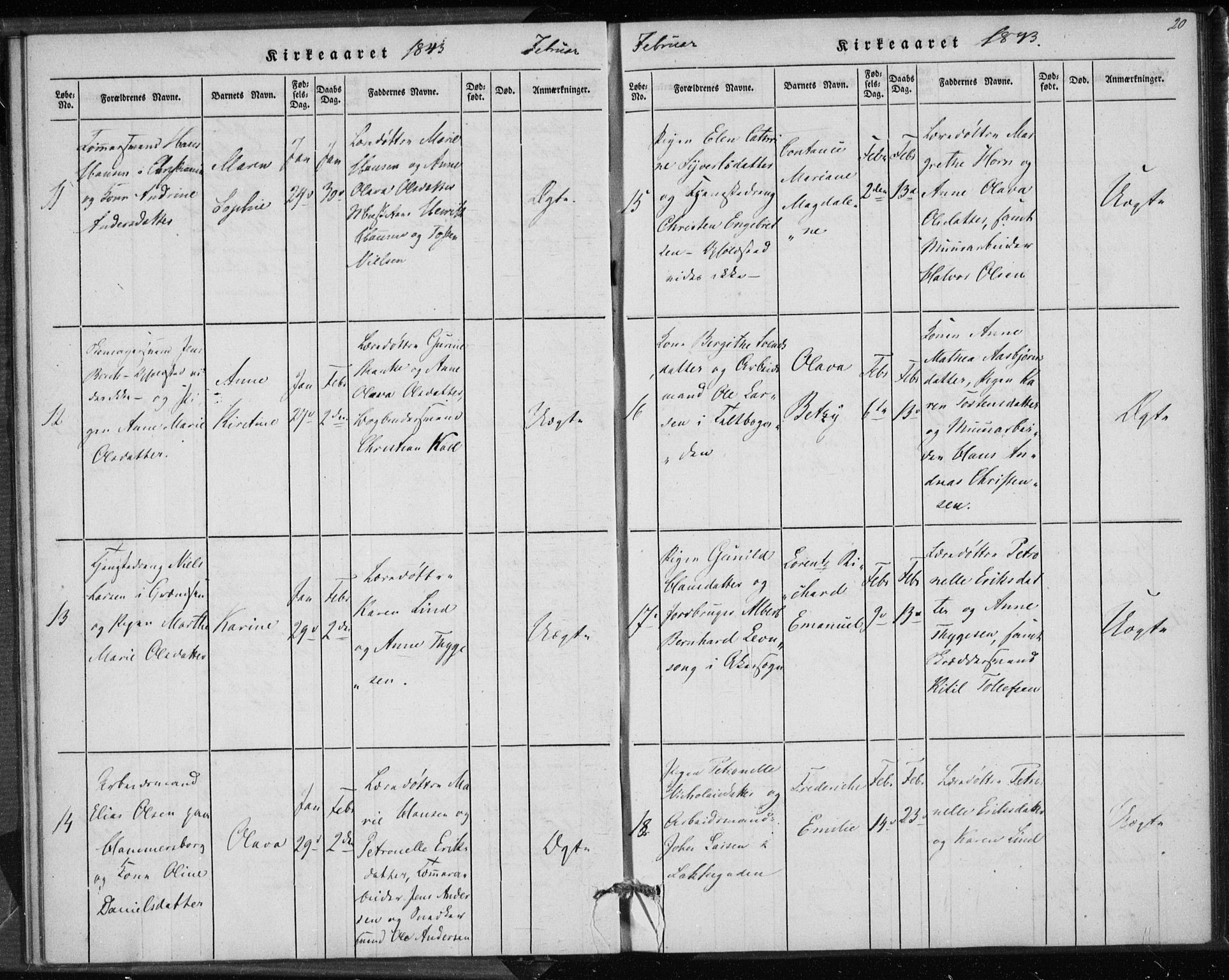 Rikshospitalet prestekontor Kirkebøker, AV/SAO-A-10309b/K/L0001/0002: Baptism register no. 1.2, 1842-1847, p. 20