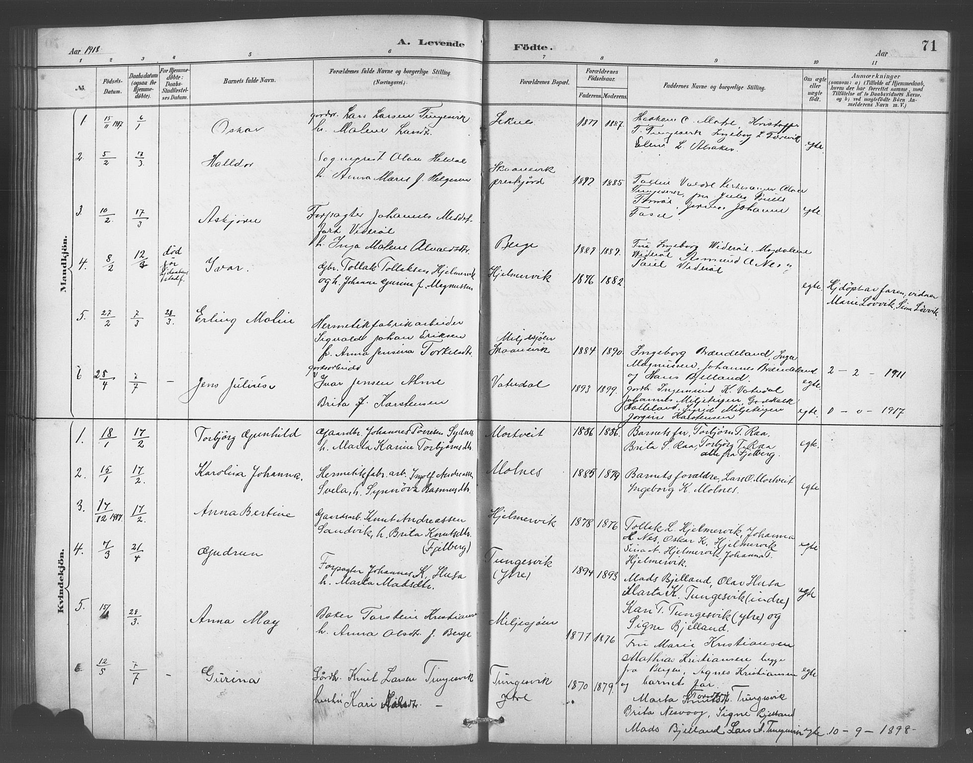 Skånevik sokneprestembete, AV/SAB-A-77801/H/Hab: Parish register (copy) no. A 2, 1888-1924, p. 71