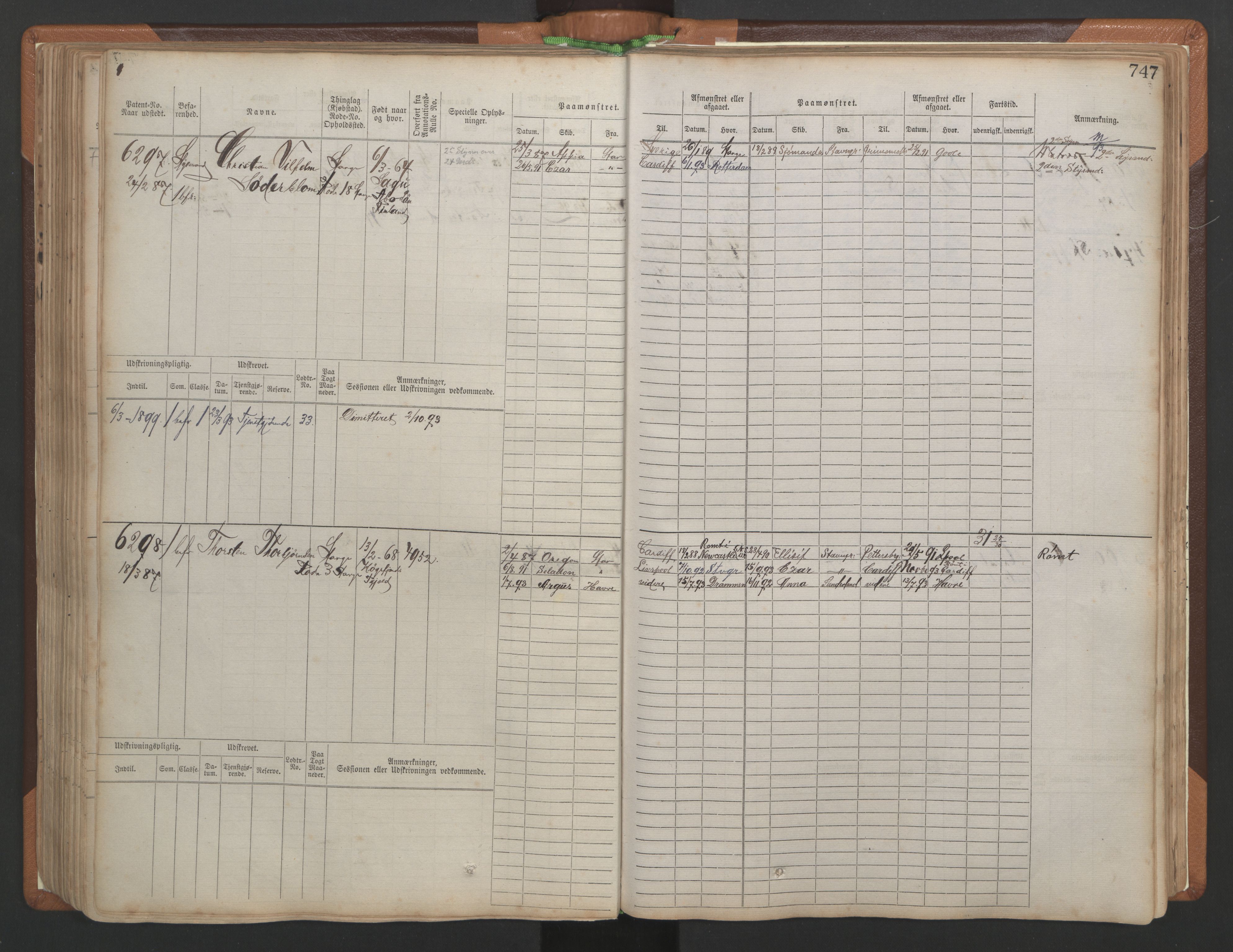 Stavanger sjømannskontor, AV/SAST-A-102006/F/Fb/Fbb/L0010: Sjøfartshovedrulle, patentnr. 6007-6606 (del 1), 1887-1896, p. 151